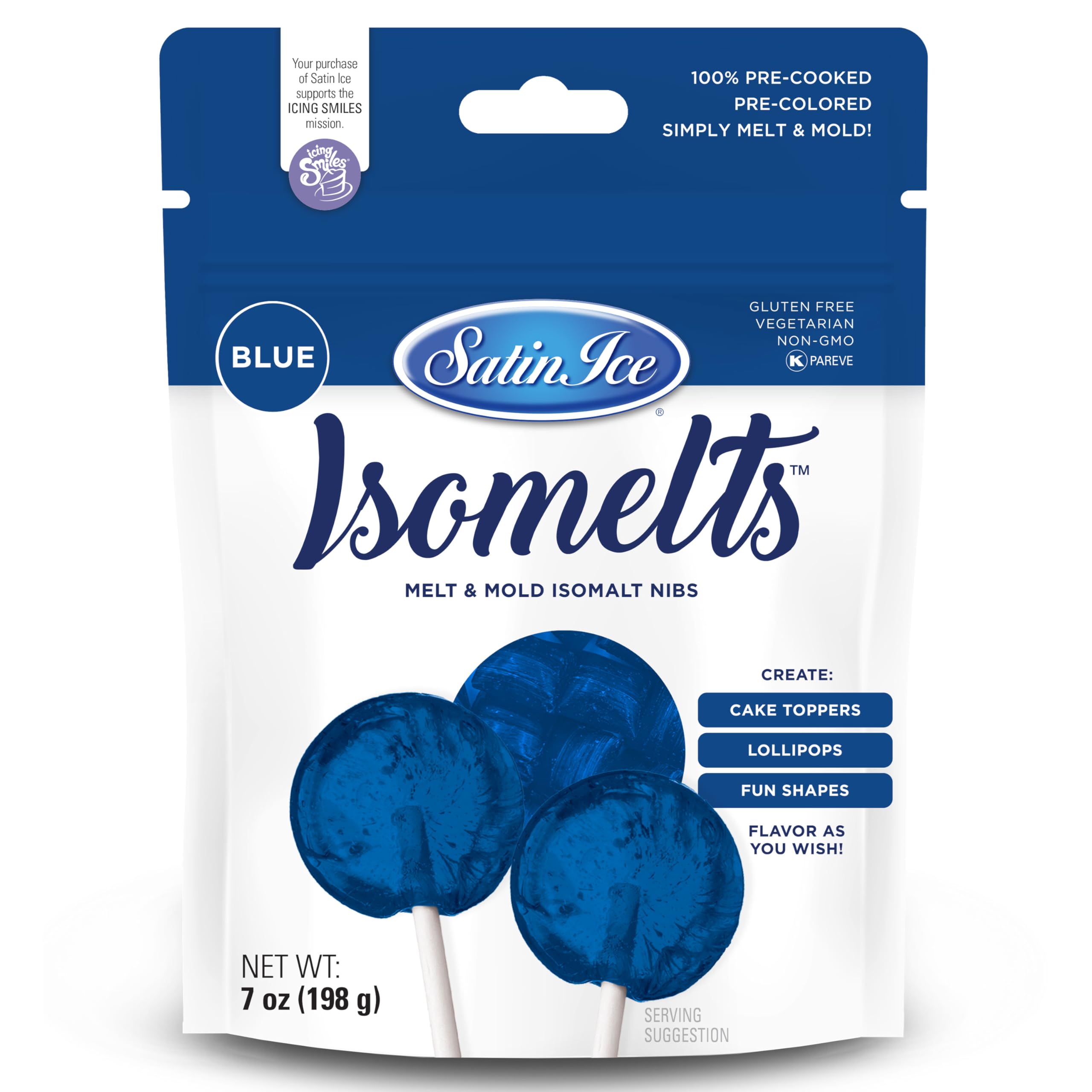 Satin Ice Isomelts for Making Lollipops (Blue) (7oz Pouch) – No Prep Isomalt, Pre-Colored, & Sugar-Free