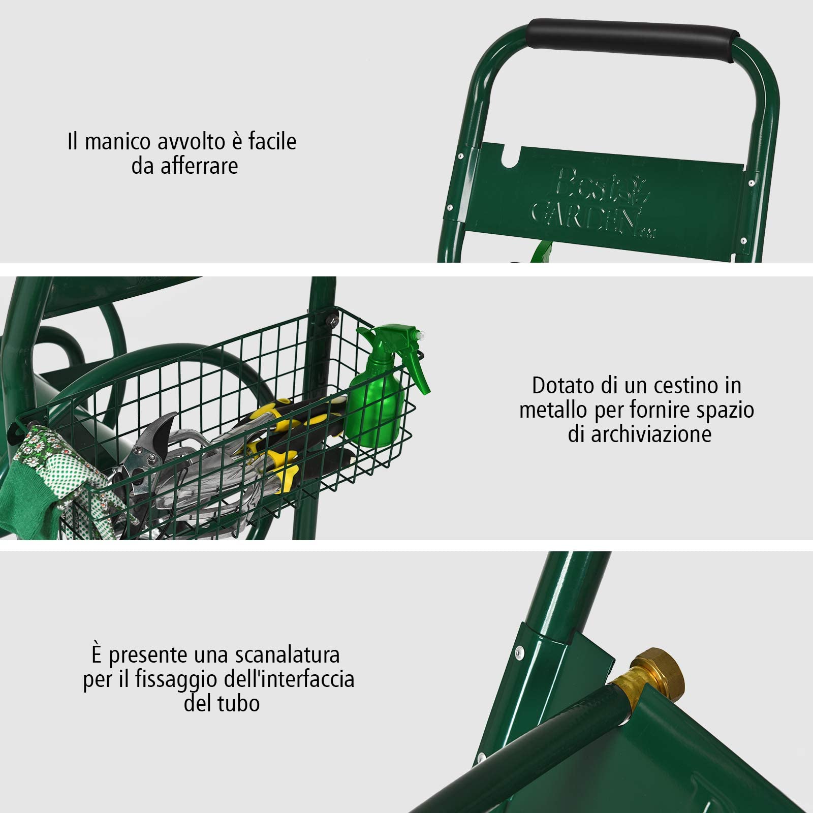GYMAX Carrello Avvolgitubo da Giardino in Metallo e Gomma,con Ruote e Cestello