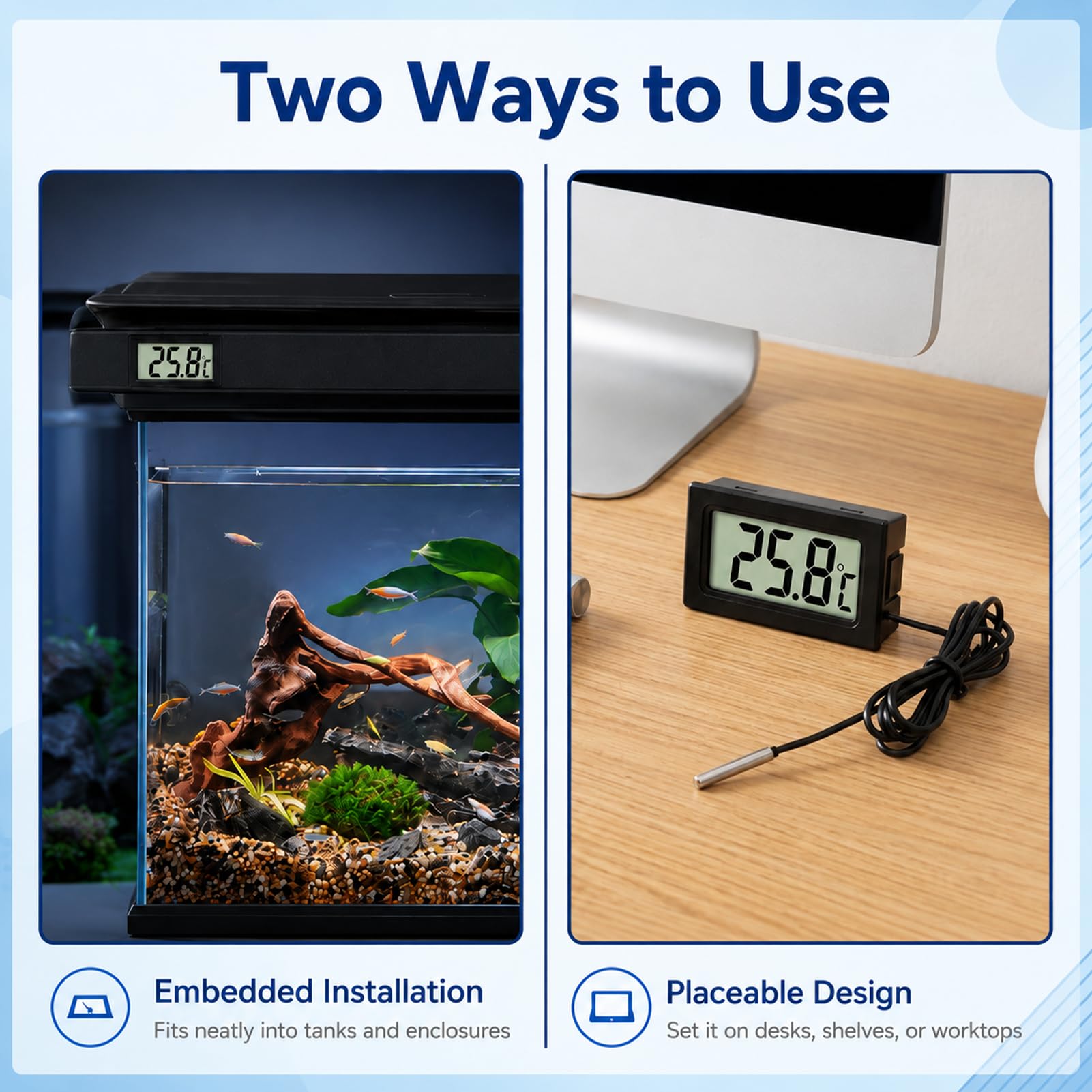 3 Stück Digitales LCD Thermometer, Thermometer mit Externem Sensor 1m Kabel, Temperaturmessgerät -50°C bis 110°C für Kühlschrank Aquarium, Präziser Temperatursensor mit LCD Anzeige für Haushalt