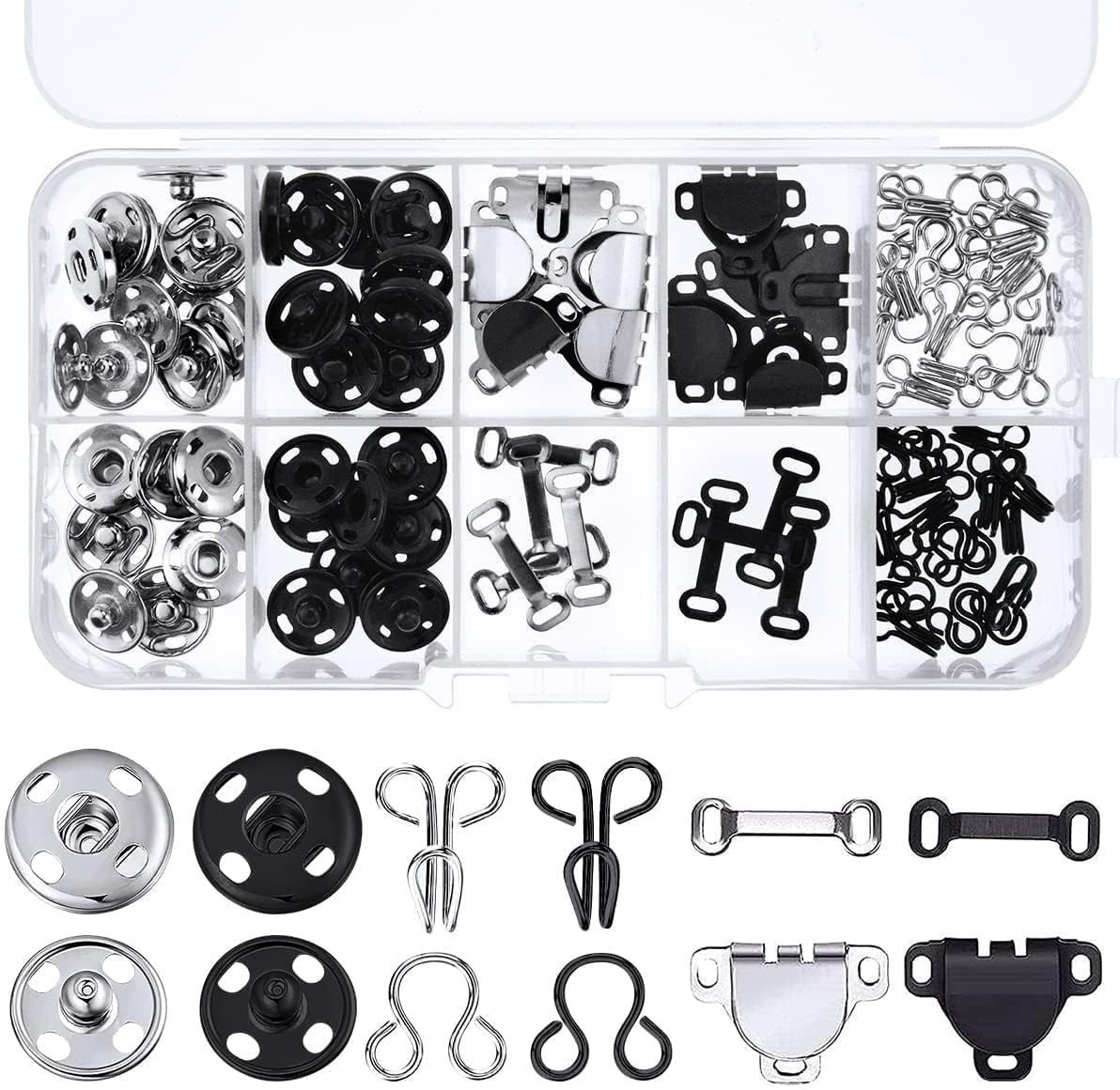 Amzuia 100 Pcs 3 Styles Skirt Hooks and Eyes Sewing Hook,Sewing Snaps Clothing Fixing Tools with Metal Snaps Buttons Fasteners Press Studs for Skirt Dress Bra Sewing DIY Crafting, 2 Colors
