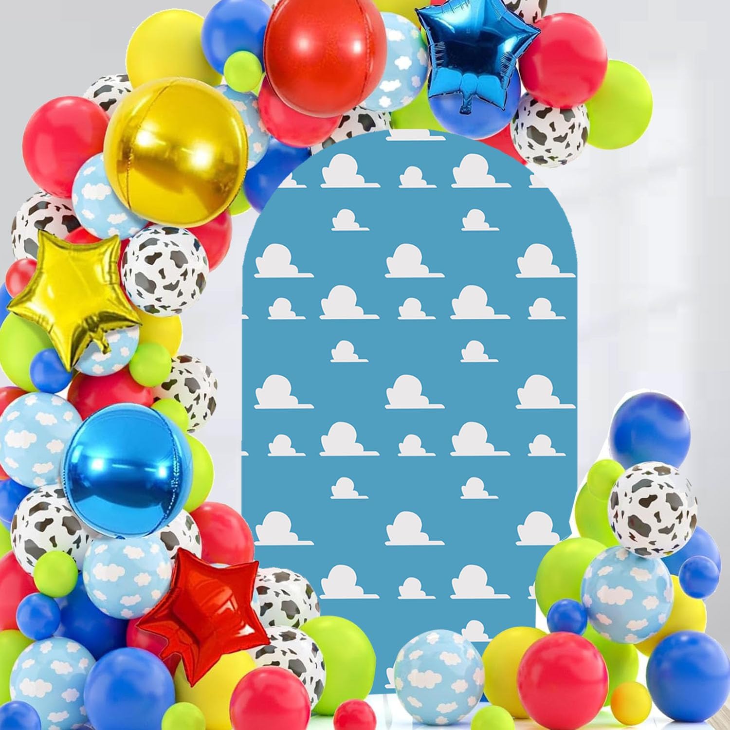 Arch Backdrop Cover Blue Sky White Clouds Background Little Boys Cartoon Hero Newborn Toy Themed Party Decoration Baby Shower Kids Birthday Decor Props (6FT) image 3