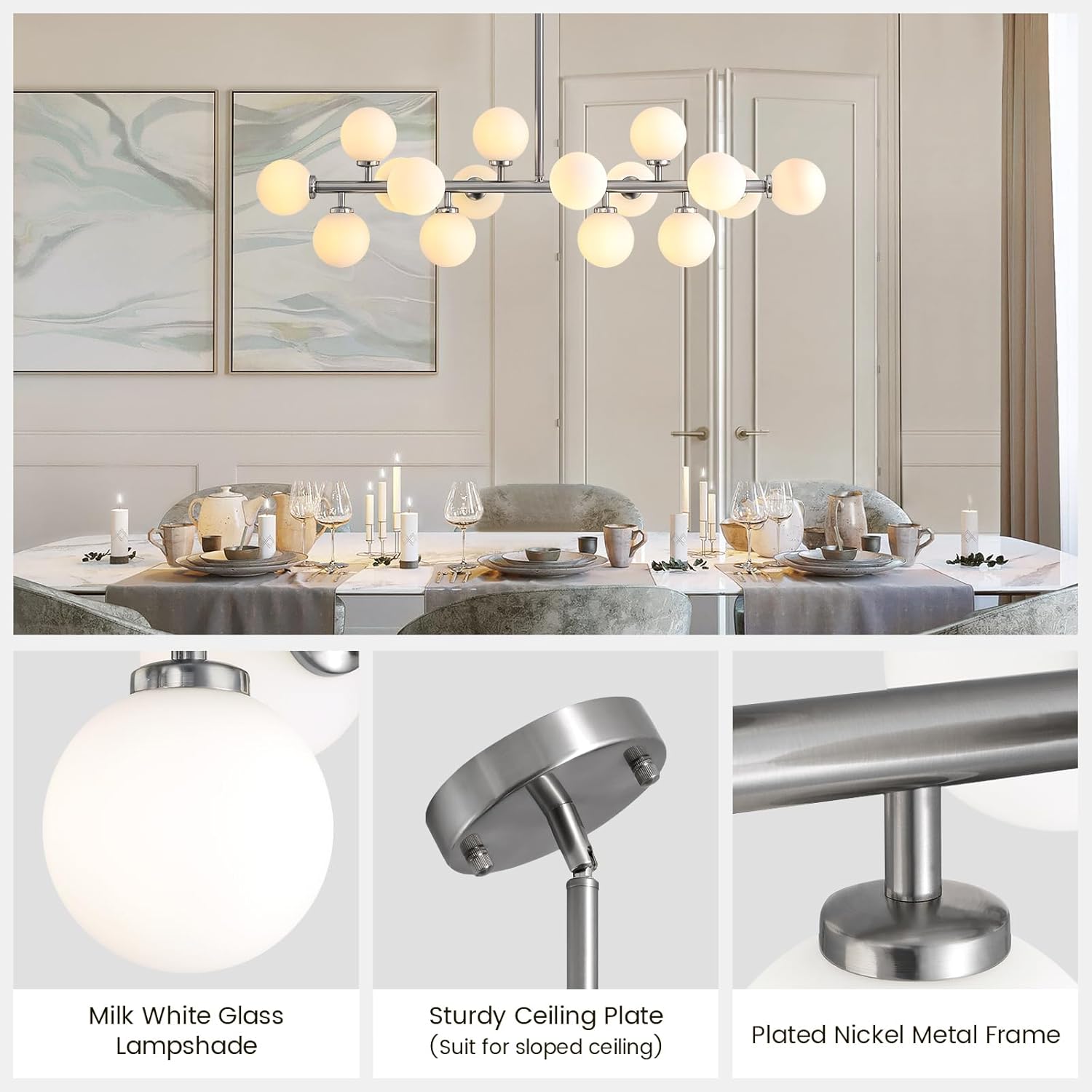 39'' Brushed Nickel and Milky White Mid Century Modern Pendant Lights Dimmable Glass Globe Sputnik Chandelier 16 Lights Linear Chandelier Light Fixtures for Kitchen Island Dining Room