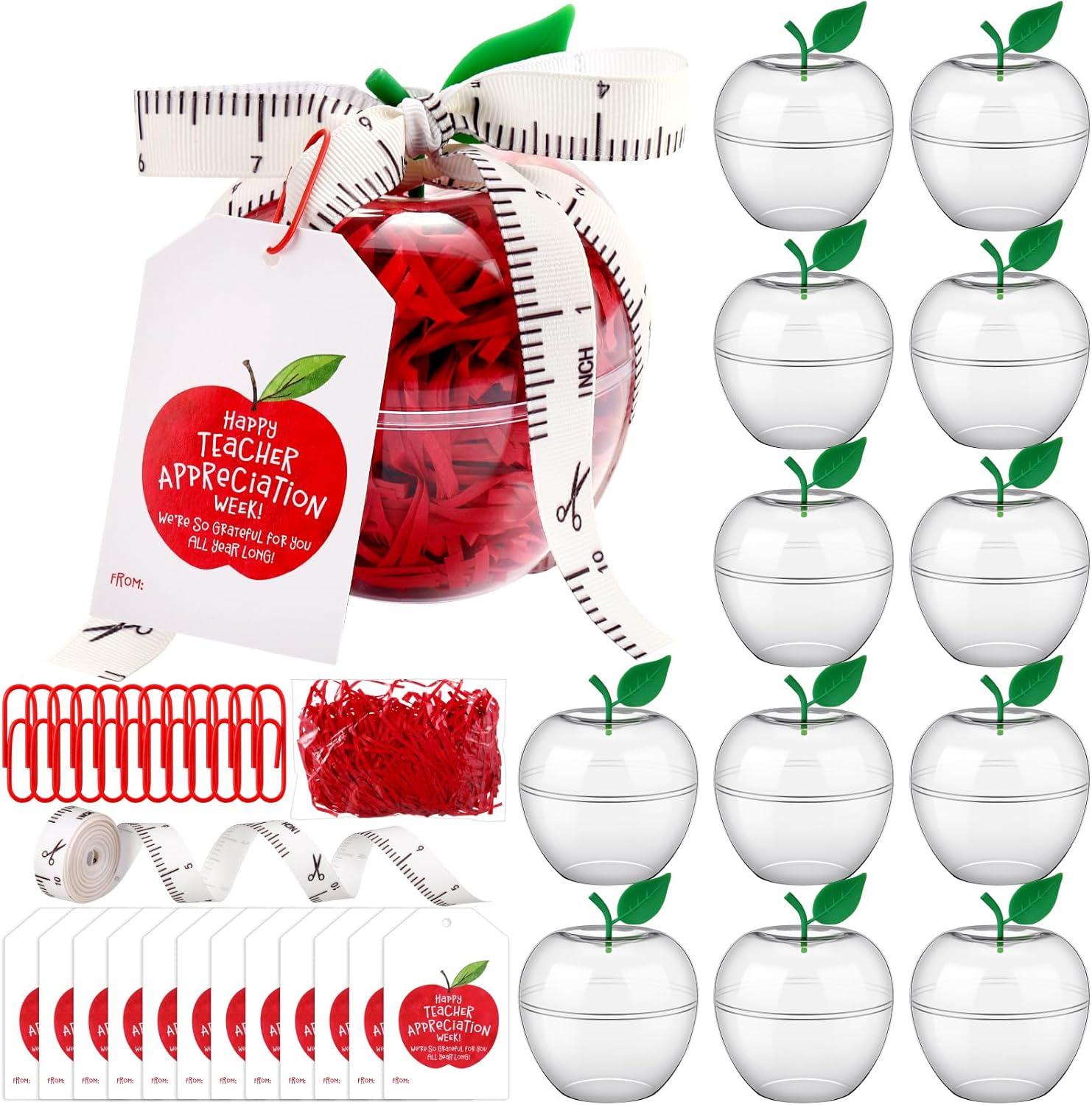 Briwooody 12 Sets Clear Apple Gift Boxes for Teacher Appreciation Week, Plastic Candy Containers Bulk with Tags, Thank You Teacher Gifts for Staff Classroom Party Favors