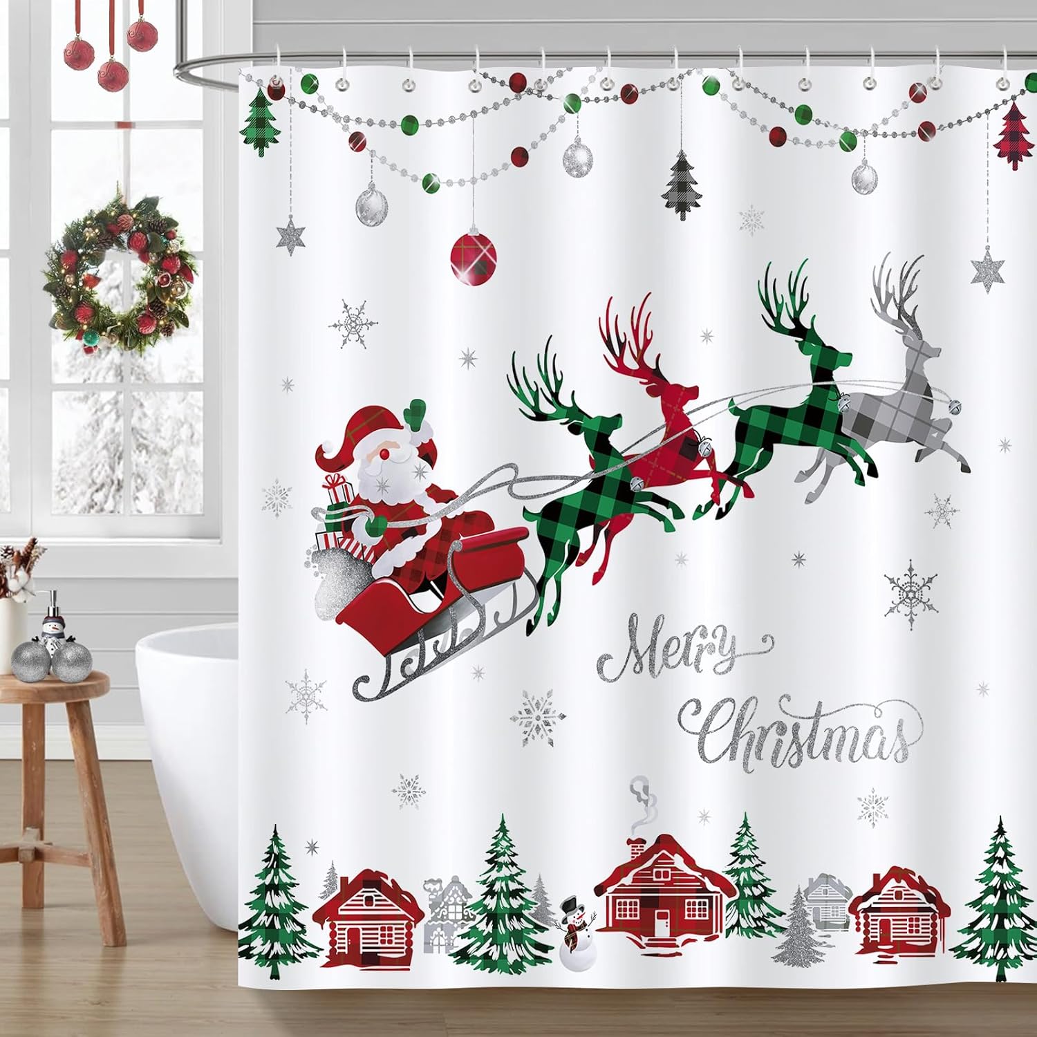 Bonhause Merry Christmas Shower Curtain Red and Green Check