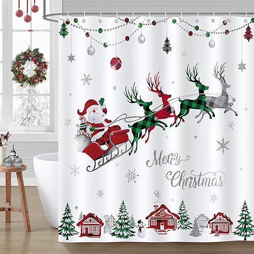 Bonhause Cortina de ducha con diseño a cuadros rojos y verdes de Papá Noel, trineo, reno, cortina de baño decorativa de 72 x 72 pulgadas con 12
