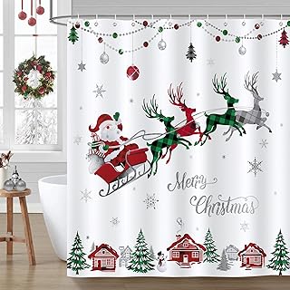 Bonhause Merry Christmas Shower Curtain Red and Green Check Plaid Santa Claus Sleigh Reindeer Bathroom Decor 72 x 72 Inch Polyester Fabric Waterproof Bath Curtain with 12 Hooks