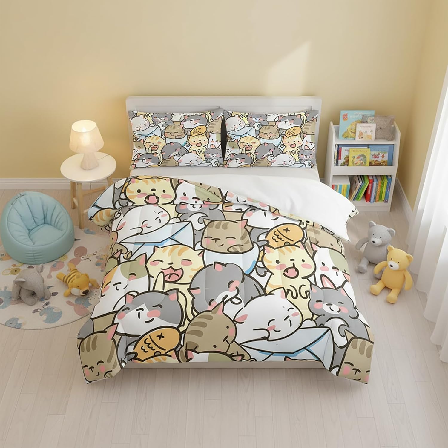 QOOMO Kawaii Cat Comforter Queen Size,Cute Cat Comforter Set for Kids Teens Girls,3Pcs Bedding Set Printed Comforter with 2 Pillowcases,Down Alternative,Soft and Lightweight，Queen Size