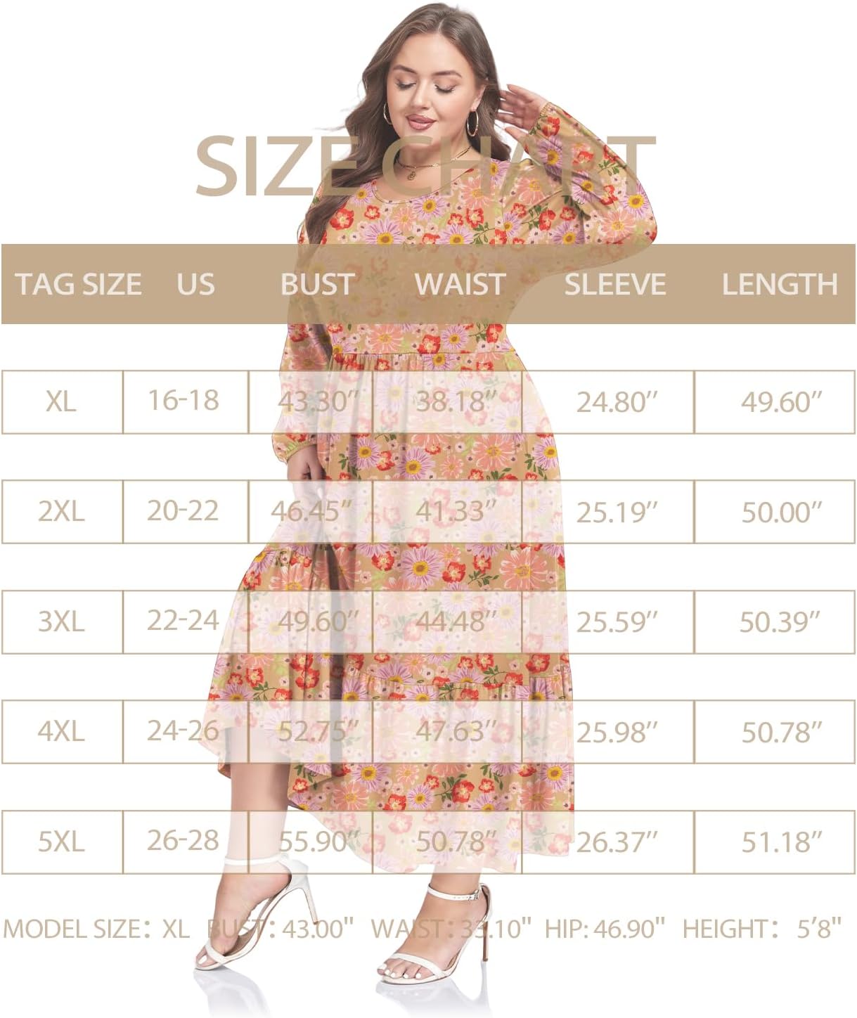 Moon Wood Women's Plus Size Maxi Dress Empire Waist Crew Neck Long Sleeve Dress with Pockets, Long Casual Dreses Daily Wear
