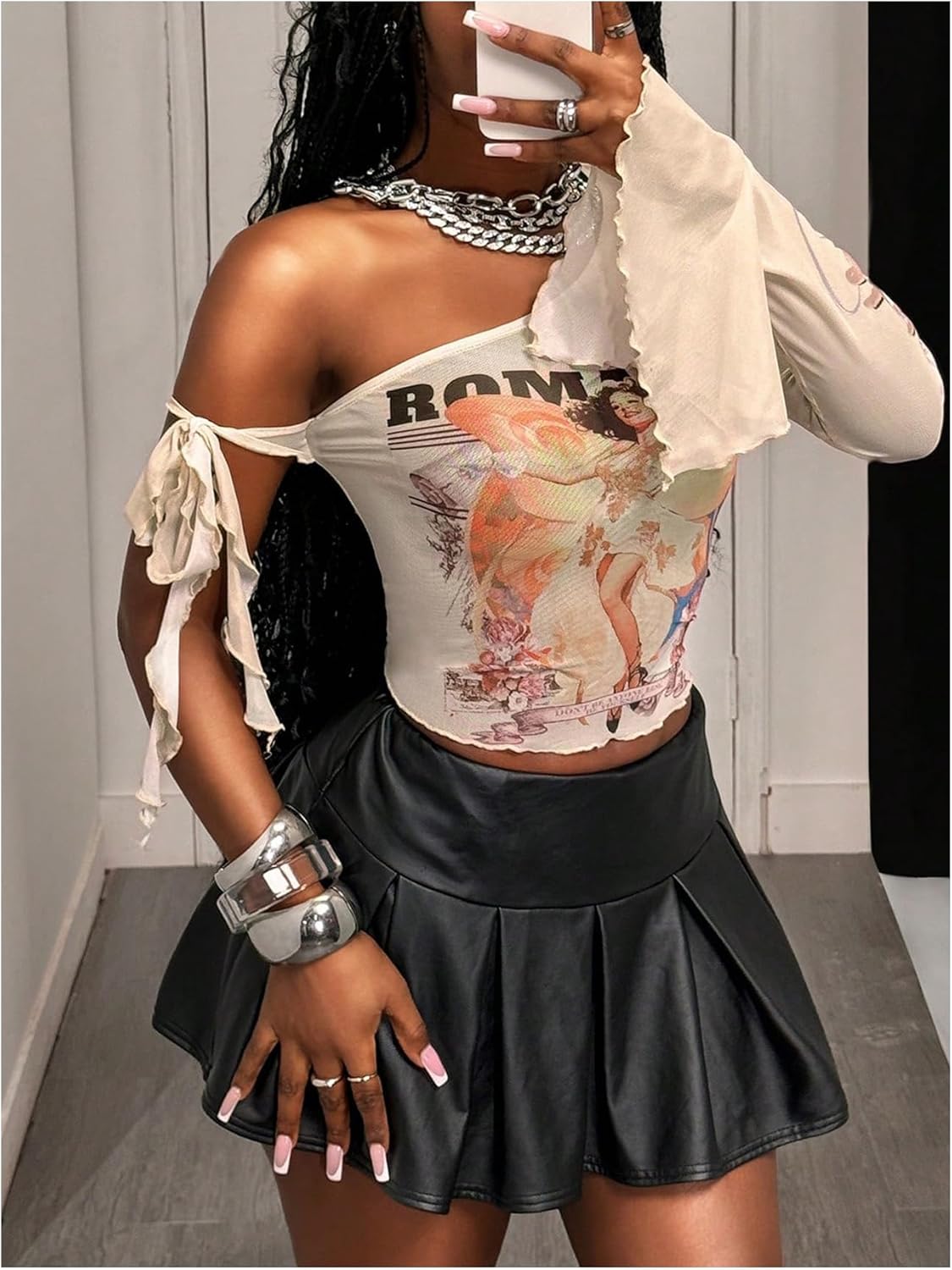 SOLY HUX Women's Y2k Graphic Tees Mesh Off The Shoulder T Shirt Tie Knot Long Sleeve Going Out Crop Tops - Image 3