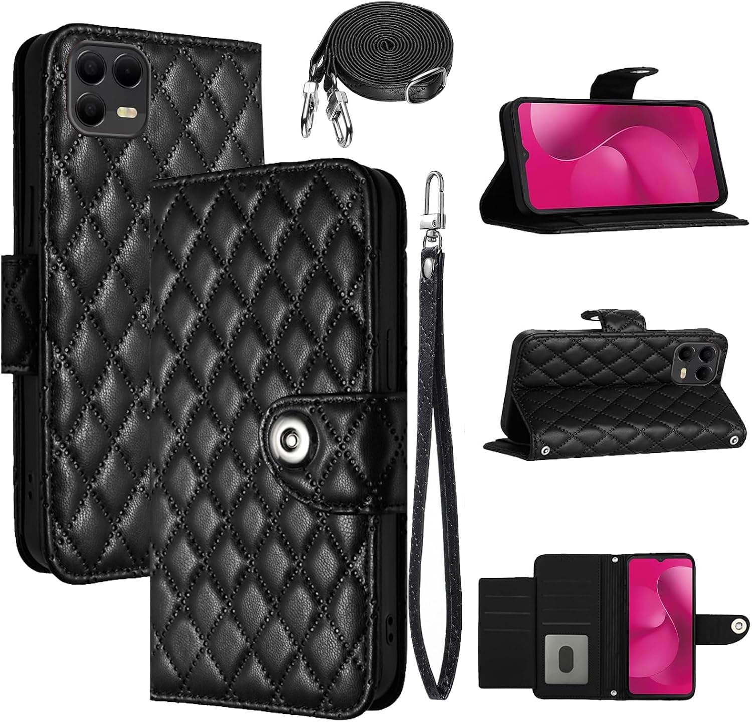 Wallet Case for T-Mobile Revvl 8 Pro 5G with Wrist Shoulder Strap, Argyle Pattern PU Leather Flip Credit Stand Cell Phone Cover for Tmobile T Mobile Revel Tmo Revell Rebel Girls Women Black