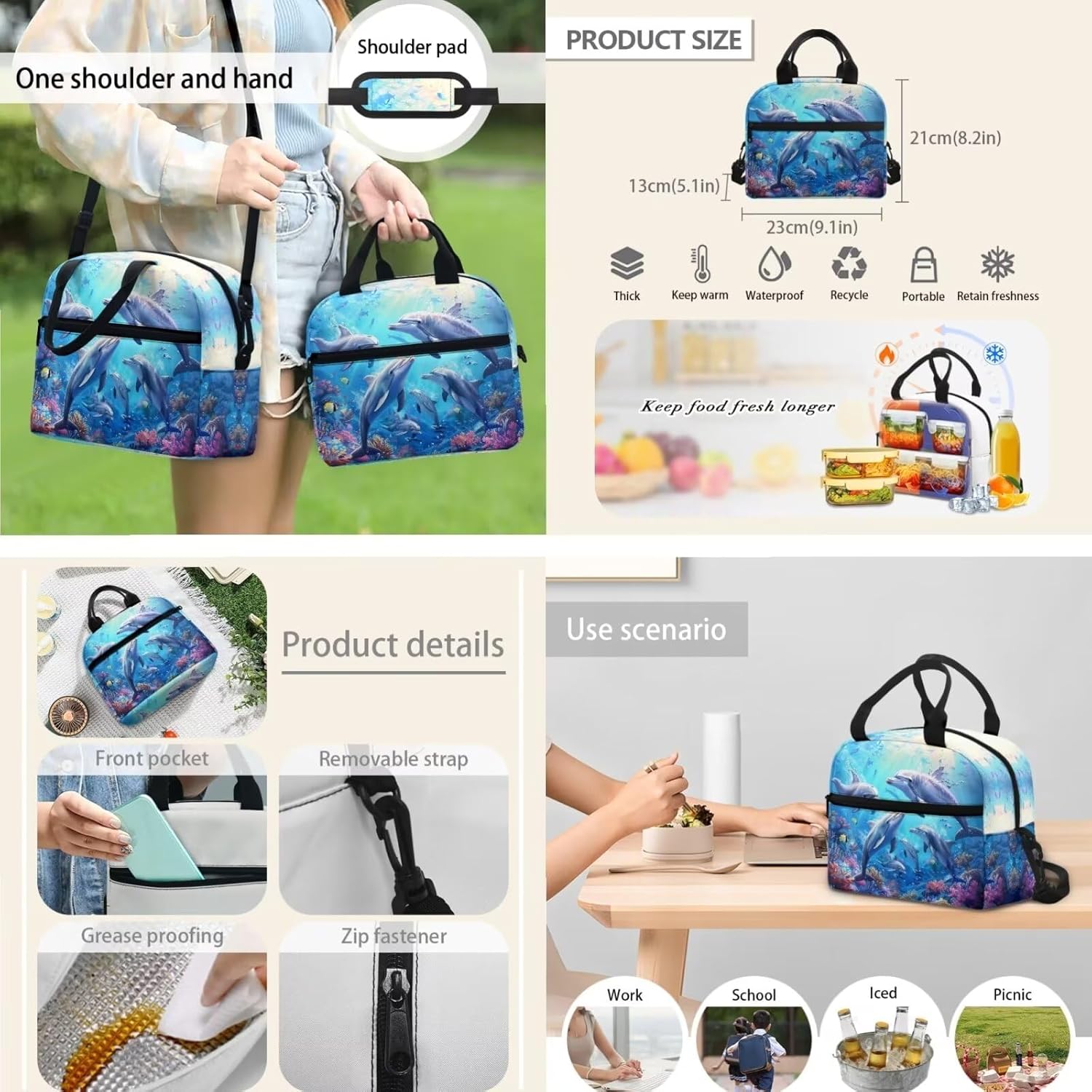 Dolphin Backpack for Girls 10-12 With Lunch Box Kids School Bags Middle School Bookbag Insulated Lunch Bag Pencil Case Set 3 In 1 Casual Daypack 17inch Laptop Backpacks Blue