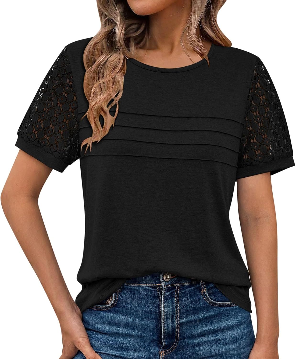 Summer Shirts Women Hollow Out Short Sleeve Crew Neck Casual Blouses Ruched Front Blouses 2026 Fashion