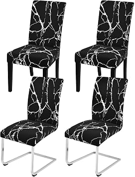 Alishomtll Dining Chair Covers Set of 4 Marble Pattern Stretch Black Silver