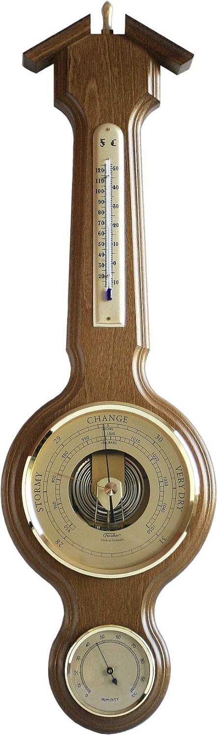 Fischer Sheraton Weather Station, Thermometer, Barometer & Hygrometer 555 x 165 mm, 4673-22 °C+°F (Mahogany)