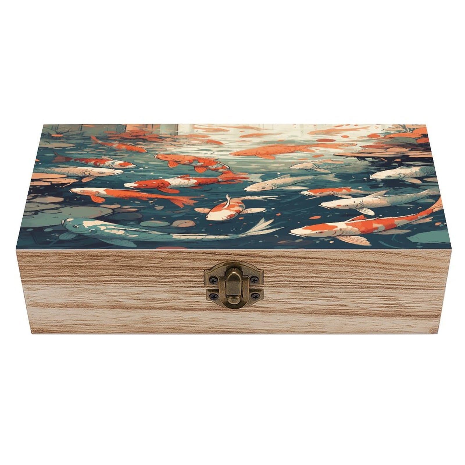 Btcowzrv Style Hand Drawn Fish Pattern Wooden Storage Box, Keepsake Box With Hinged And Retro Lock, Wood Jewelry Organizer For Photos & Mementos And Home Decor