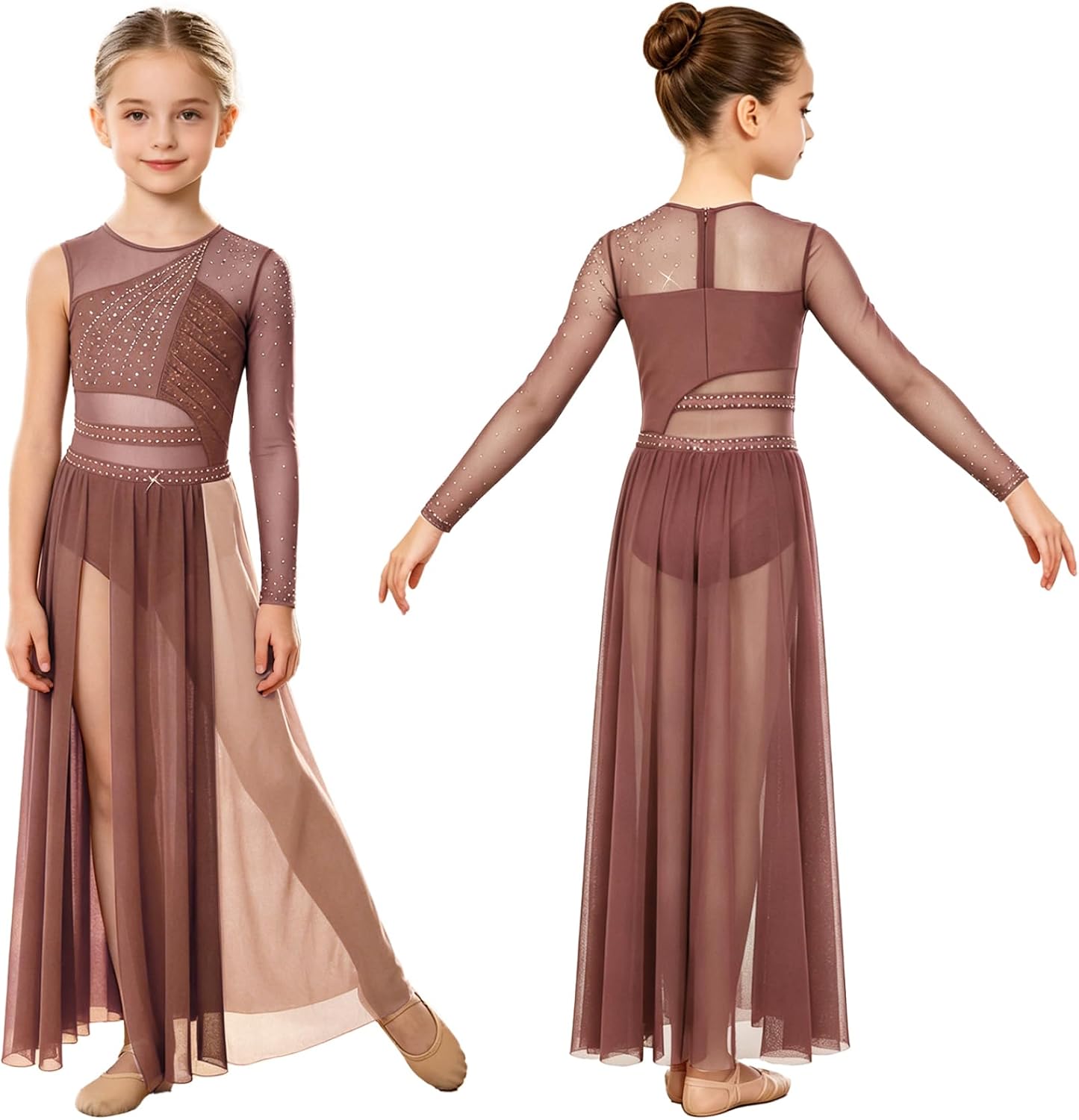 Linjinx Kids Girls Shiny Rhinestone One Shoulder Long Sleeve Lyrical Ballet Leotard Dance Dress Contemporary Dancewear
