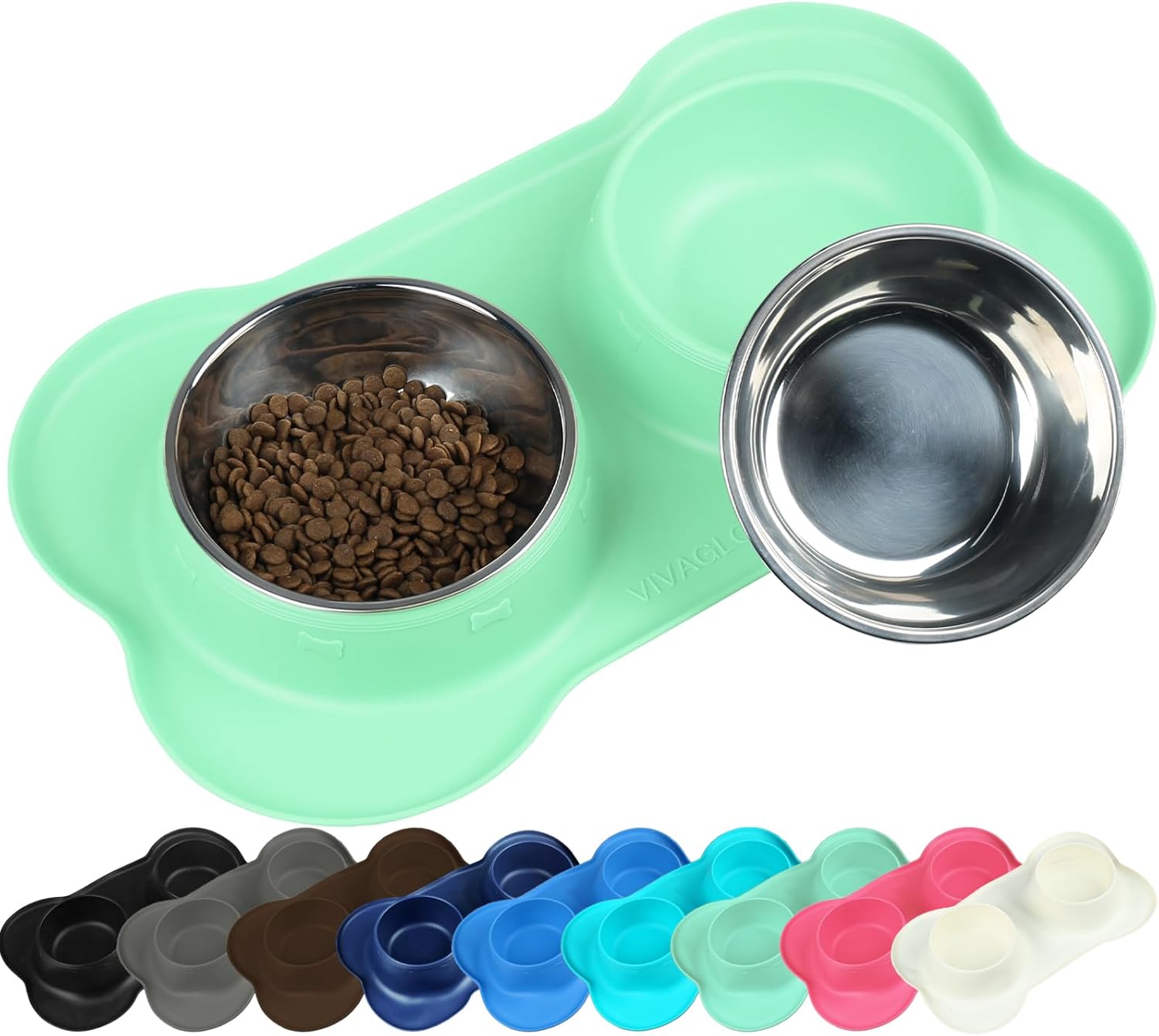 VIVAGLORY Dog Bowl Splashfree Pet Bowl, Dog Dish with Silicone Mat Placemat for Messy Eater, Double Stainless Steel Food Water Feeding Set Dishwasher Safe Spill Proof for Pet, S, Mint Green