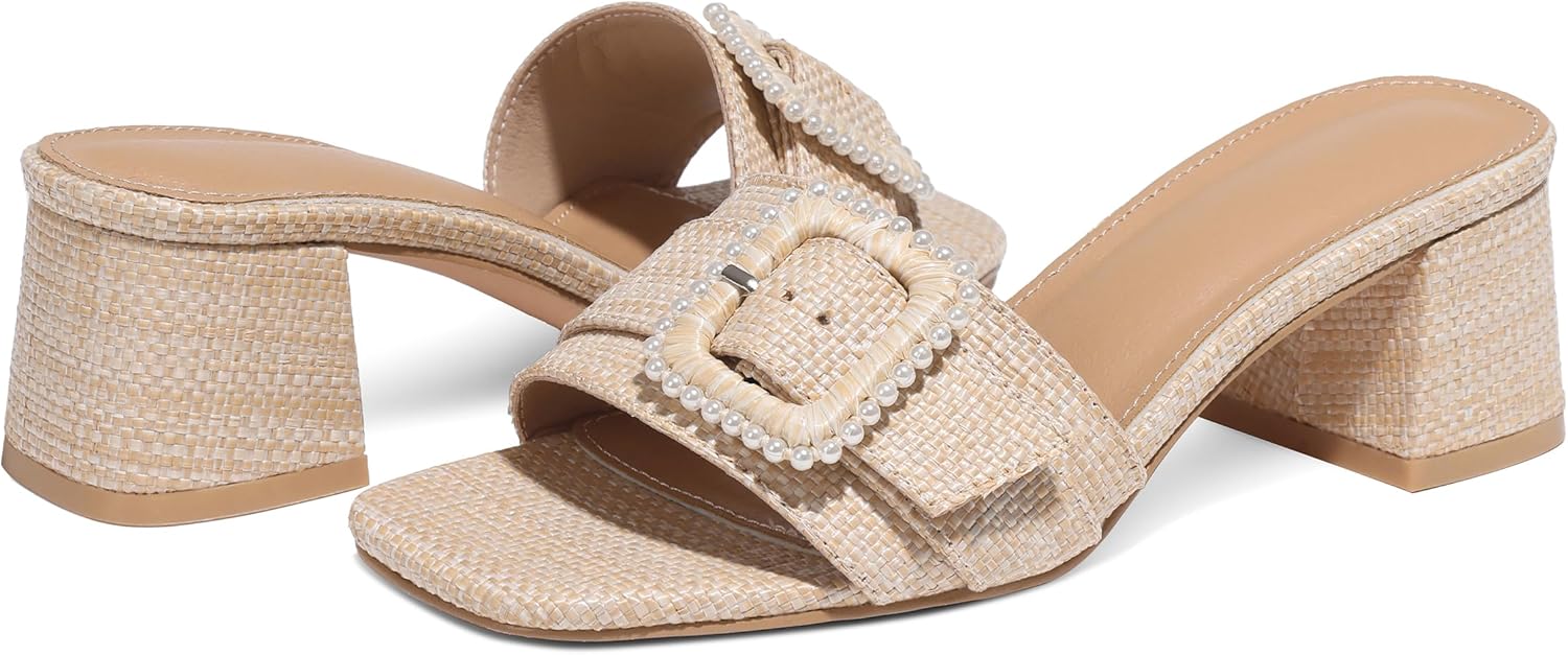 Erocalli Women's Heeled Sandals With Buckle Opened Square Toe Summer Chunky Block Heels Comfortable Raffia Sandal Slip on Casual Dressy Low Short Mules - Image 6