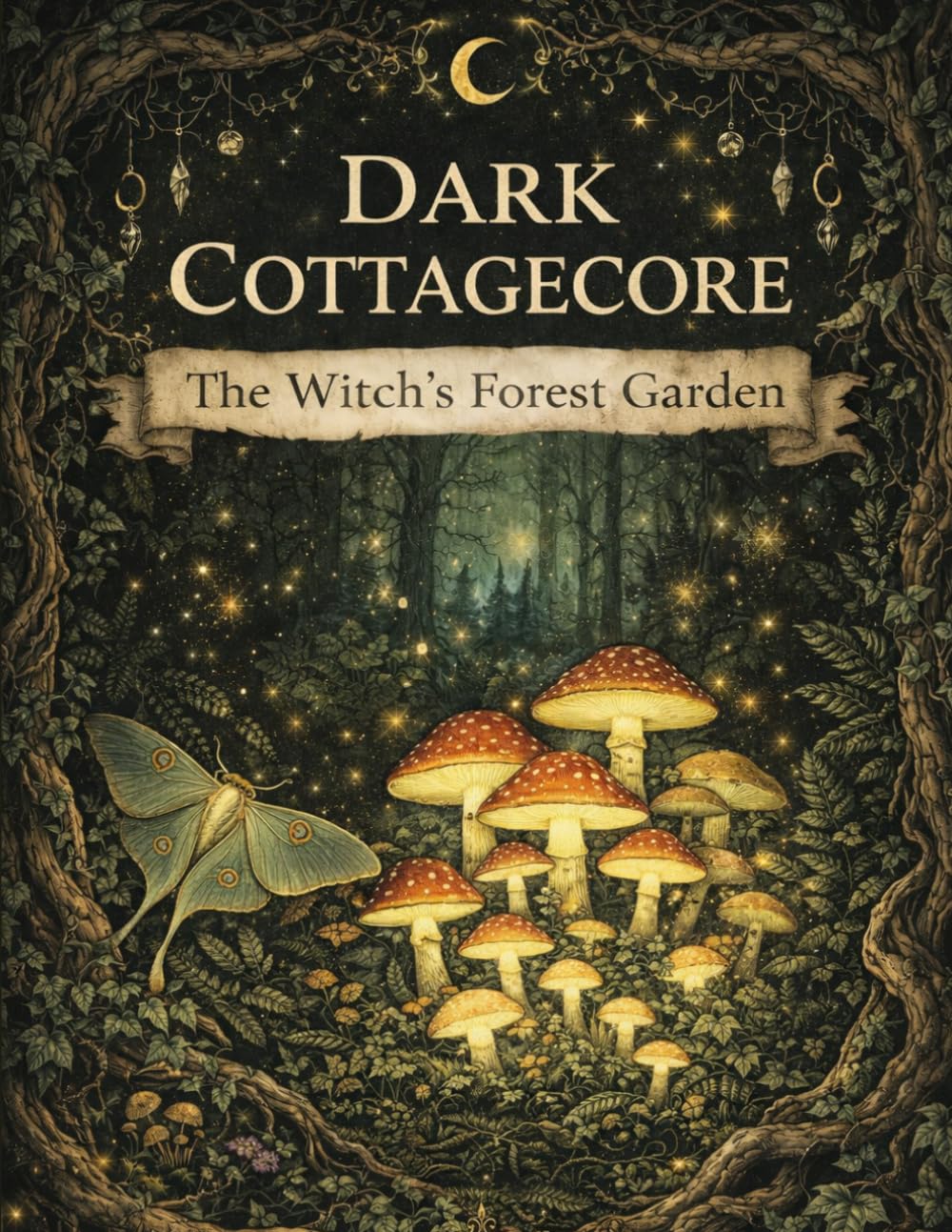 Dark Cottagecore Coloring Book for Adults The Witch’s Forest Garden | Gothic Botanical, Mushrooms, Skull, Forest & Black Background Pages for ... | 40 Detailed Illustrations for Stress Relief