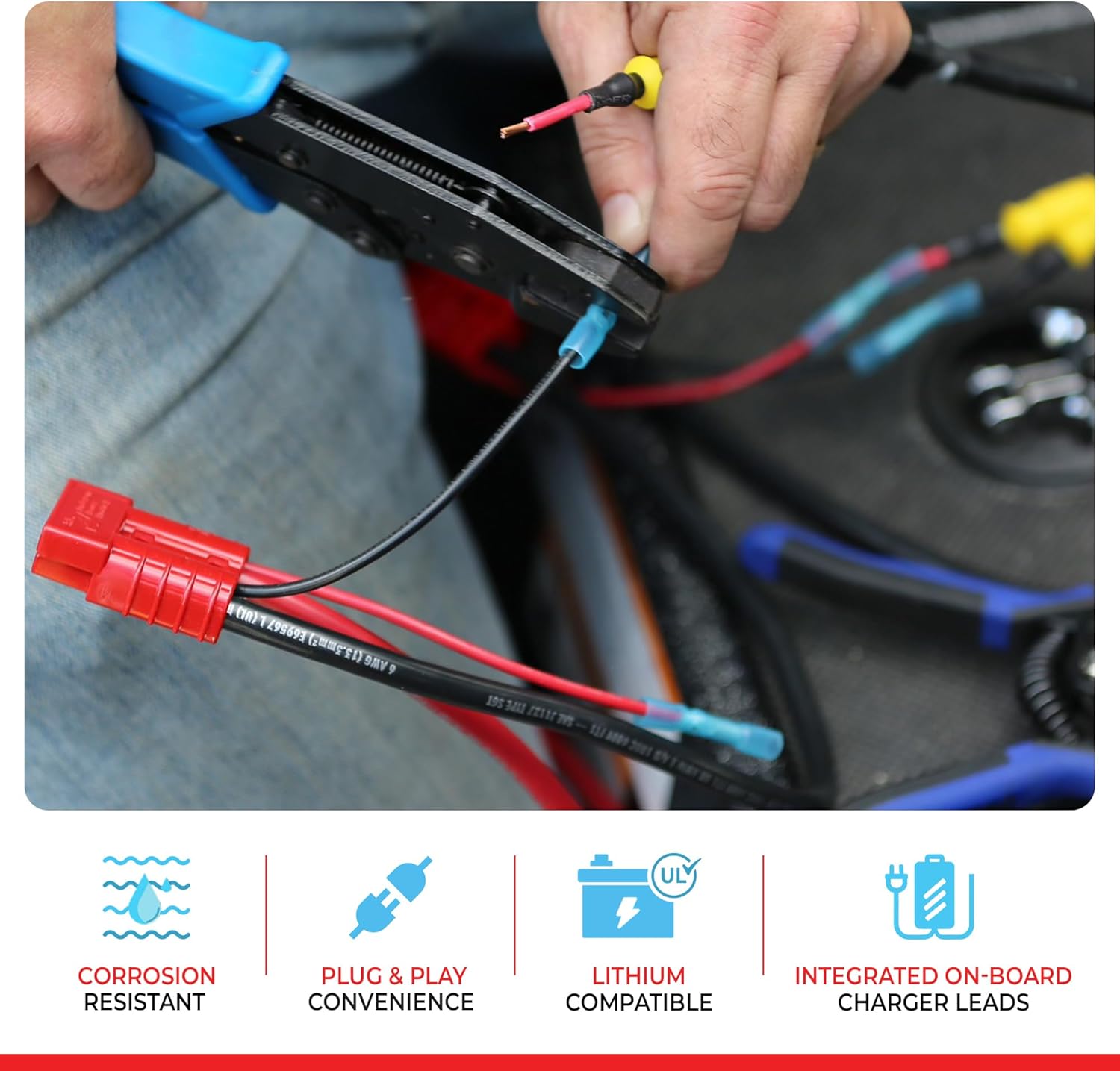 Connect-Ease 12V Trolling Motor Wire Connection Kit with On-Board Charger Leads Included RCE12VBCHK | Lithium Compatible | Quick Connect Wire Connectors | Marine and Outdoor Use | Battery Not Included