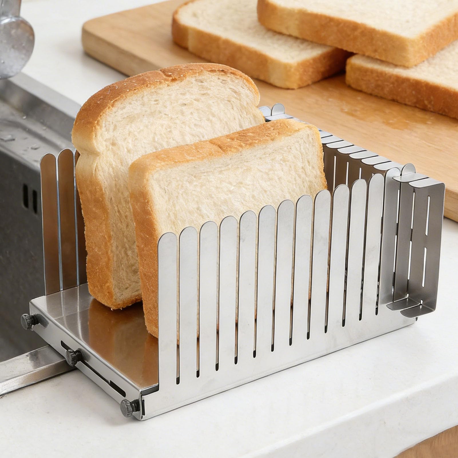 Affettatrice per Pane in Acciaio Inossidabile, 5,5 8,3 Pollici Larghezza Regolabile Strumento Ausiliario per Affettare Pane Fatto in Casa, Pane Tostato, Guida per Affettare