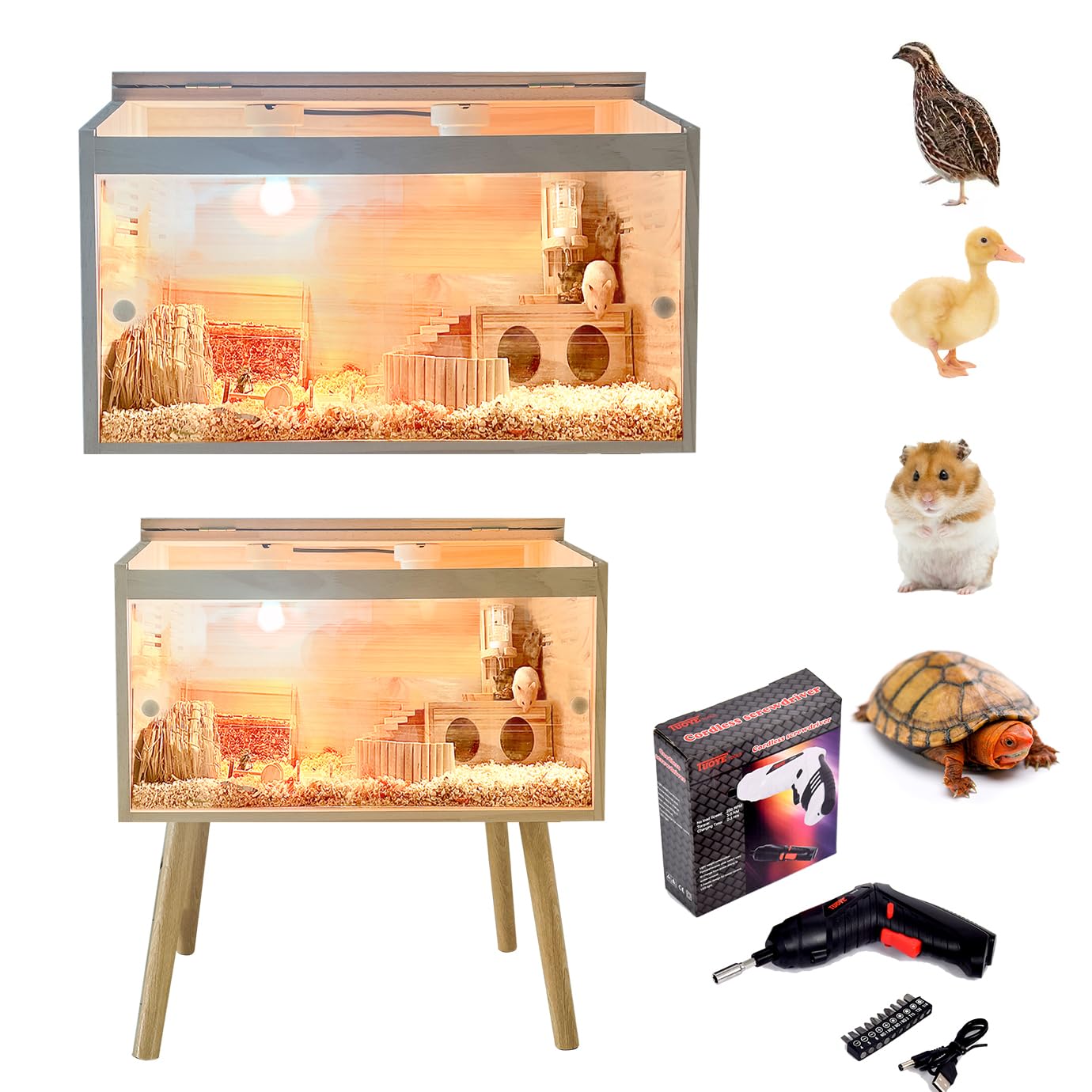 Brooder Box for Chicks,with Sliding Door,Table Legs,2 Types of Thermometer with Heat Lamp Set Suitable for Chicks/Duck/Parrot/Hamster (Super Mini Type 19.5"×11.8"×11.8")