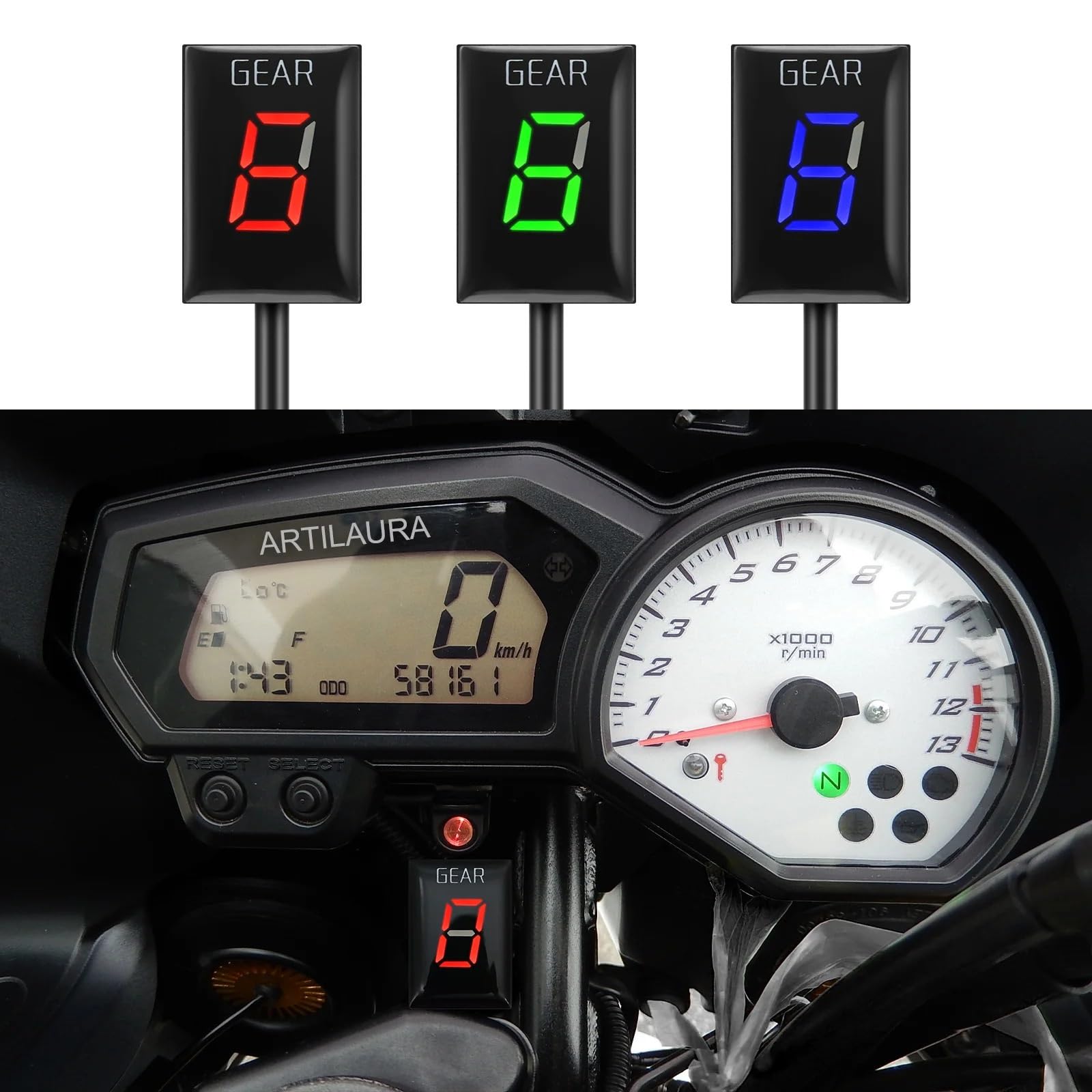 HRTLSS Indicador Marcha Digital Indicador De Velocidad De La Motocicleta De 1 A 6 Niveles Palanca Cambios Digital Verde Y Azul para Soporte Medidor Pantalla Motocicleta