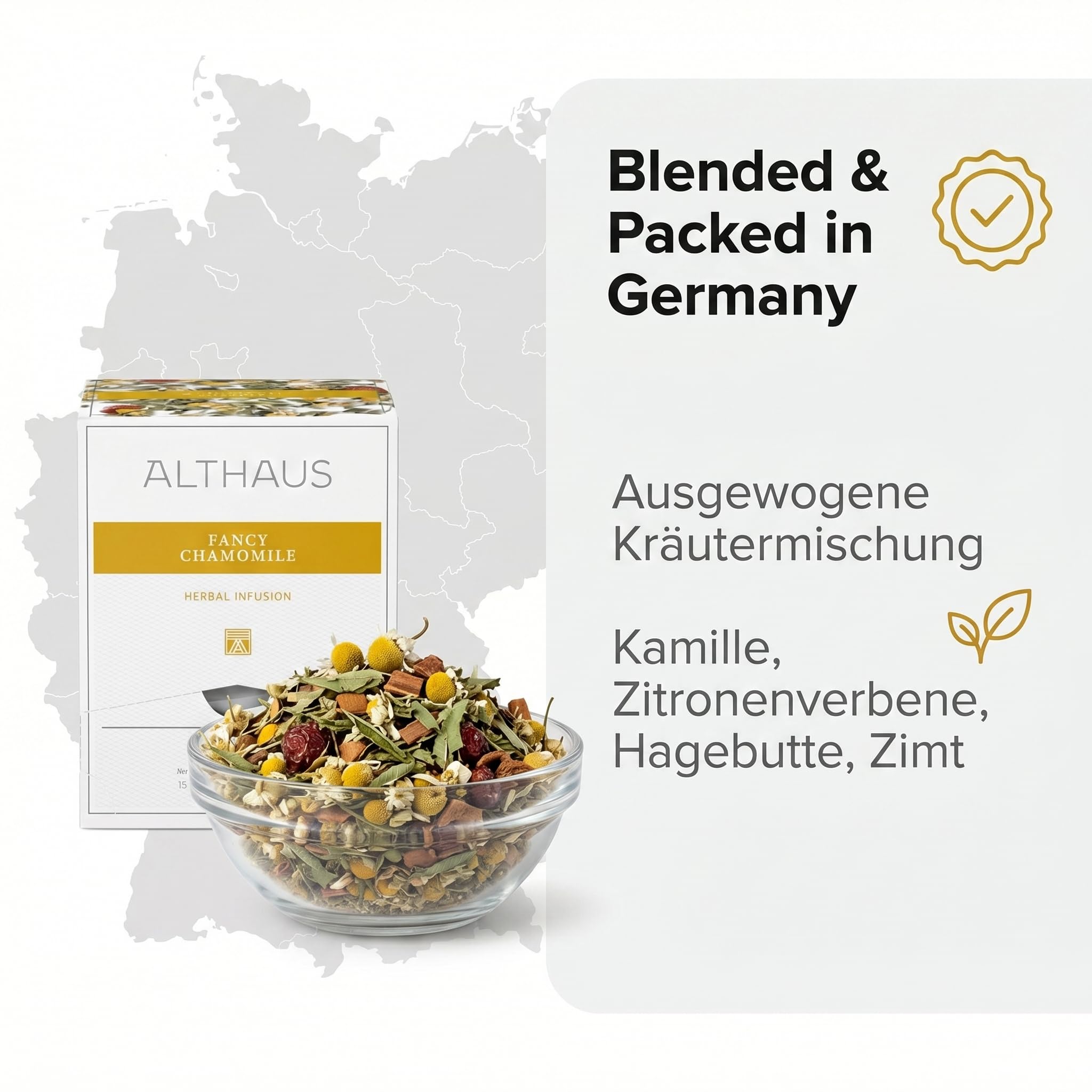 Althaus Kamillentee Fancy Chamomile, 4 Packungen mit je 15 Beuteln, Loser Tee in Pyramidenbeutel
