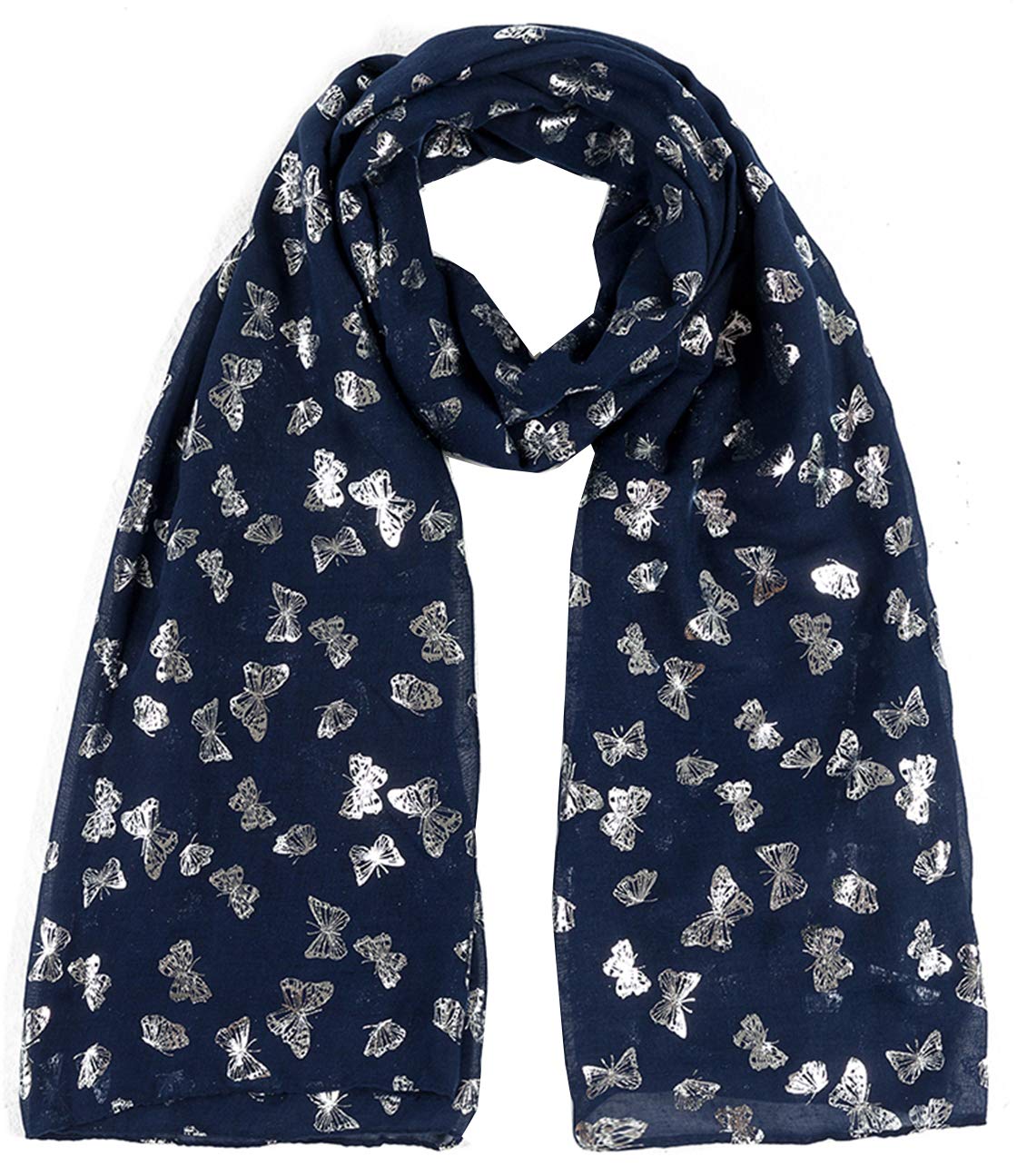 World of Shawls New Butterfly Print Ladies Celebrity Style Scarves Maxi, Scarf, Wrap, Sarong, shawls (New Glitter Butterfly Navy Blue)