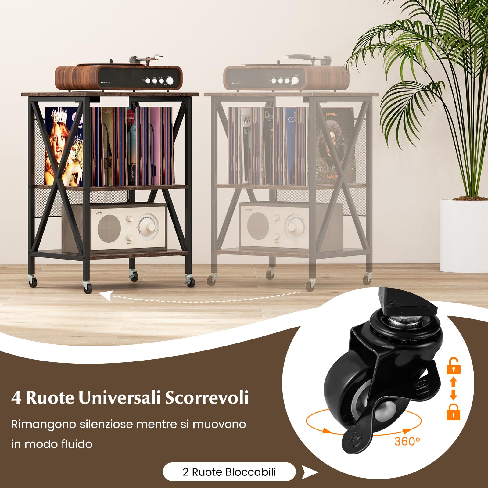 COSTWAY Supporto per Giradischi, Supporto per Giradischi in Vinile con Presa di Corrente e Porta USB, Ruote Bloccabili, 3 Livelli, per Soggiorno, Camera da Letto, 52 x 45 x 75 cm (Marrone)