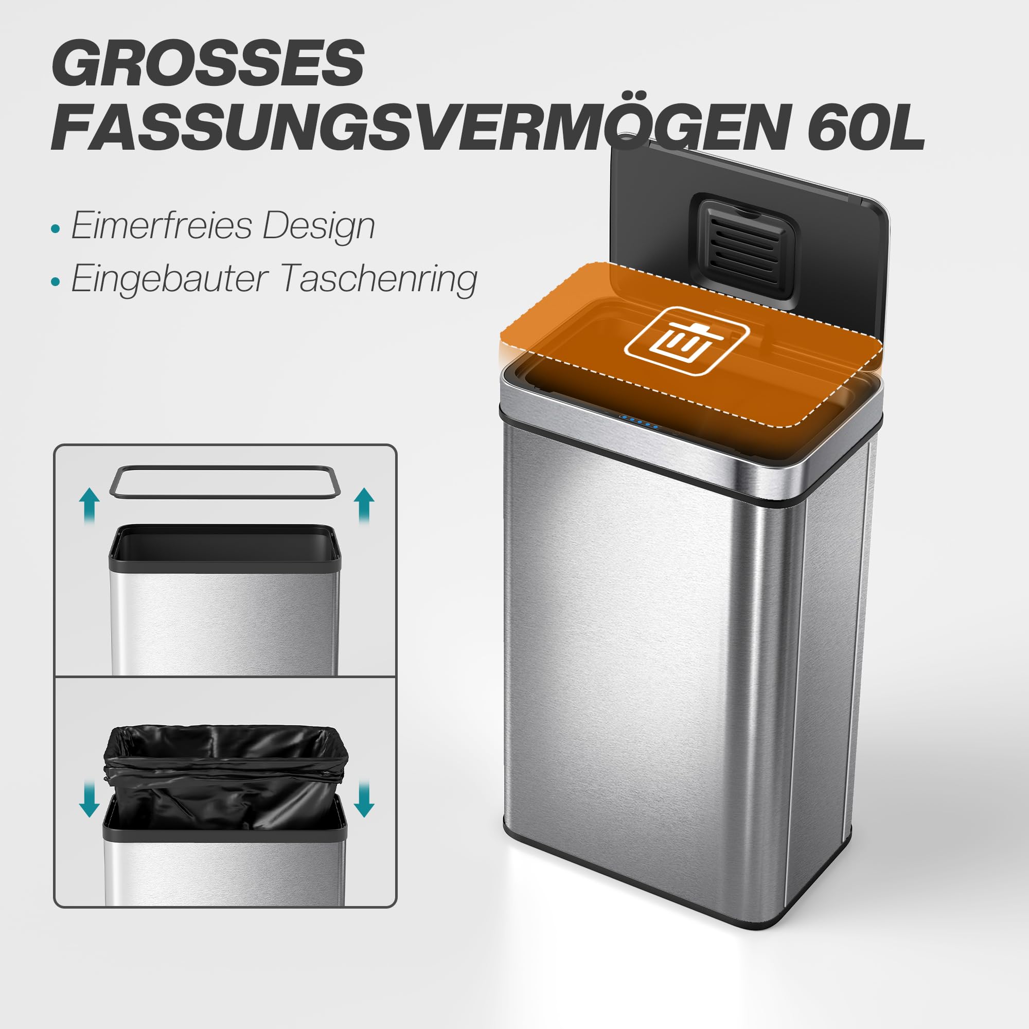 HOMCOM Mülleimer mit Sensor 60L Edelstahl Leiser Soft-Close-Deckel Silber | Automatischer Abfalleimer, Fingerabdruckresistente Mülleimer, Für Küchen, Büro, Schlafzimmer