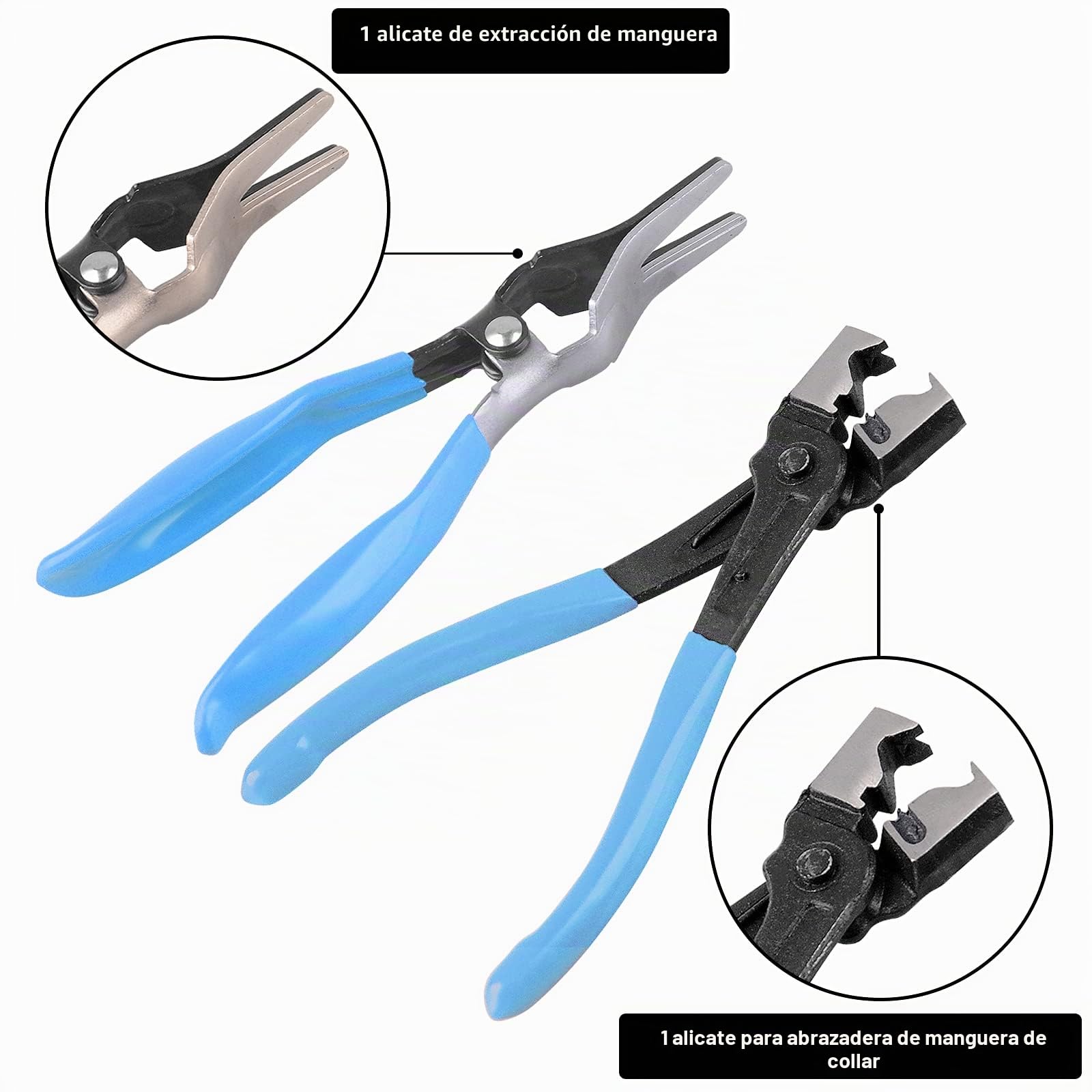 DAYUAN 9 piezas Juego de alicates para abrazadera de manguera (con banda angular y plana para mordaza), herramienta universal de extracción de tubo giratorio, kit de accesorios para automóvil