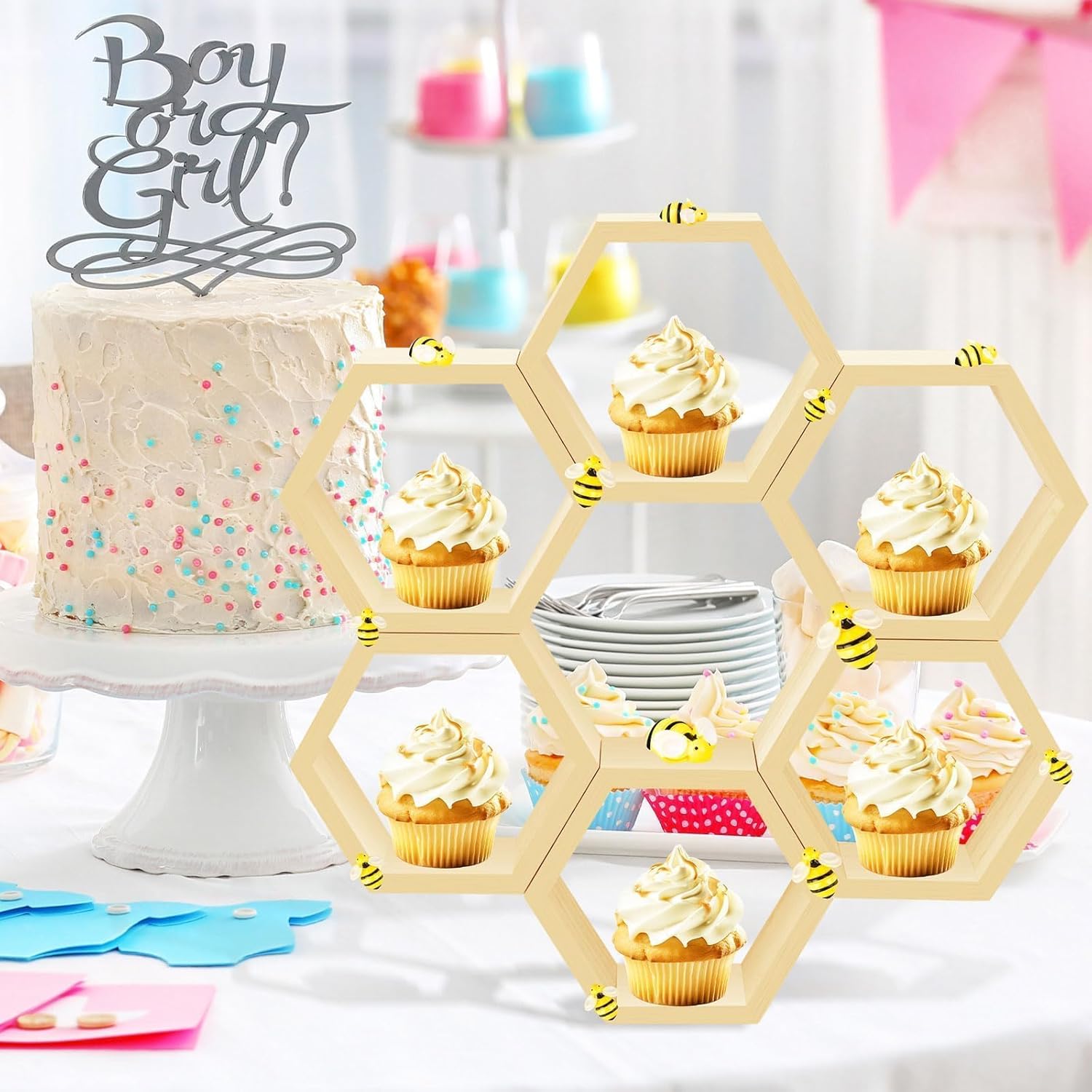 12 Pcs 5.5 Inch Honeycomb Cupcake Stand Cake Farmhouse Hexagon Display Holder Hexagonal Wood Cupcake Stand Floating Table Sign with Wooden Bee for Baby Shower Birthday Party Table Decorations
