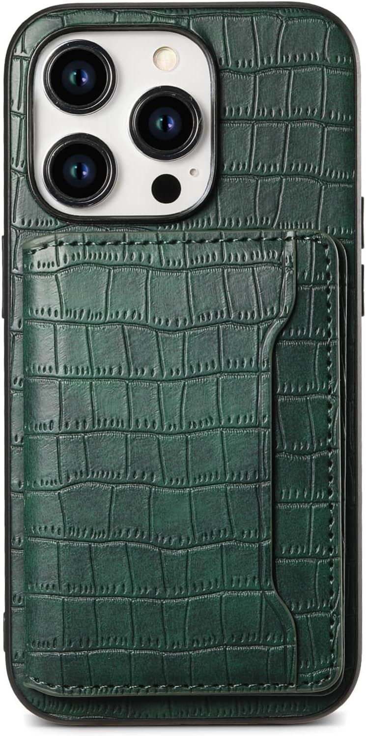 for iPhone 16 Crocodile Pattern Leather Phone Case, Classic Croc-Printed Check Leather Magnetic Folio Flip ID Credit Card Holder Slot Back Cover Bag, Kickstand Support Green