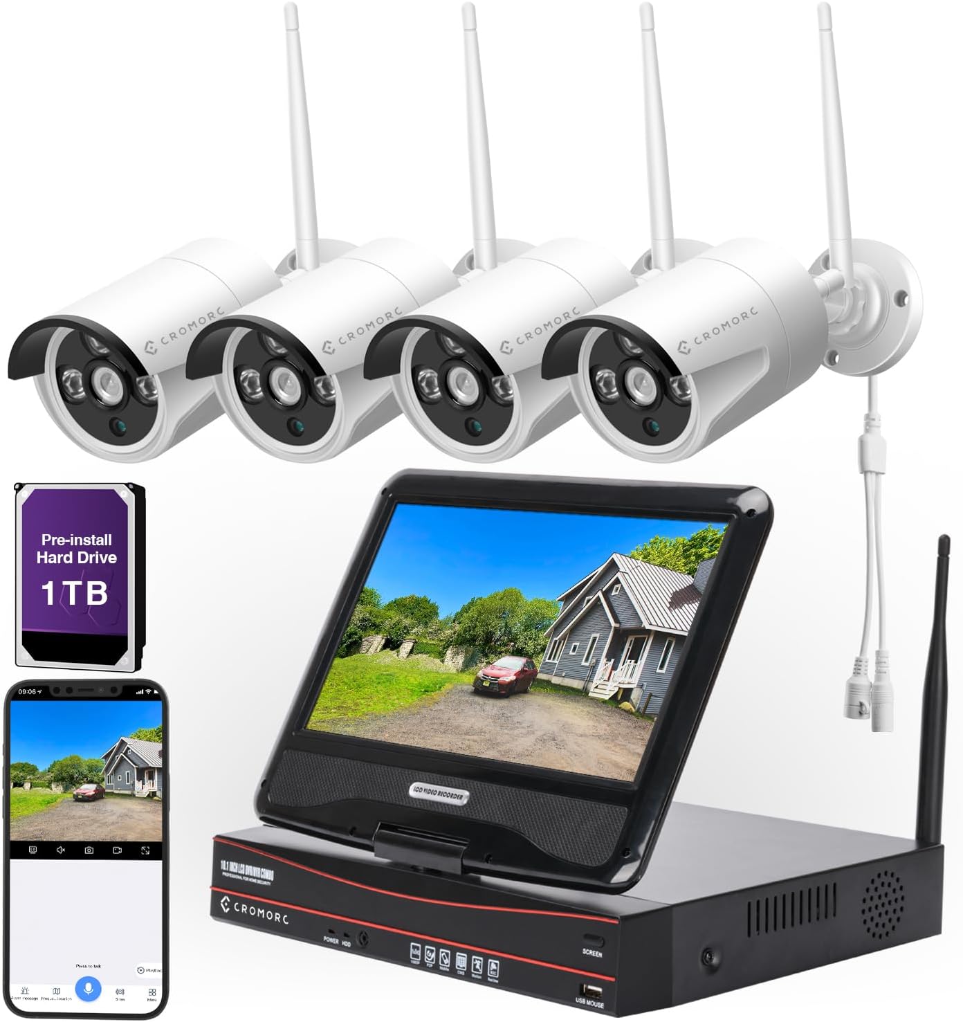 5MP Wireless Security Camera System, Wired Plug-in Powered, 1TB HDD | Expandable 10CH 8MP NVR, 10" Monitor, 24/7 Recording, Motion Detection, 1-Way Audio, Home Business CCTV Surveillance Outdoor