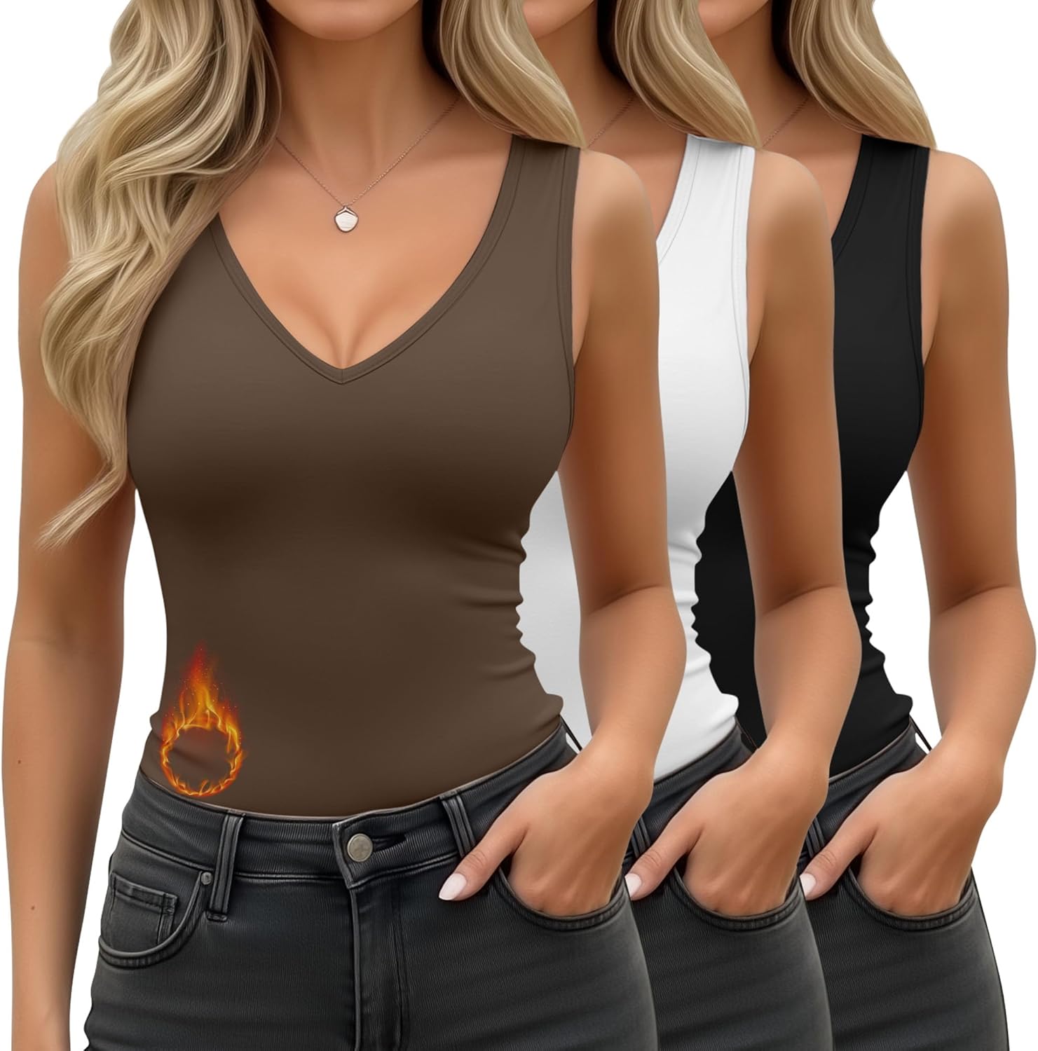 3 Pcs Women's Thermal Tank Tops Fleece Lined Sleeveless Underwear Vest Reversible U/v Neck Warm Base Layer Camisole