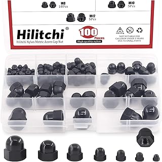 Hilitchi 7Sizes 100Pcs Black Nylon Acorn Nut Metric Inner Threaded Cap Nuts Assortment Kit M3 4 5 6 8 10 12 Dome Nuts