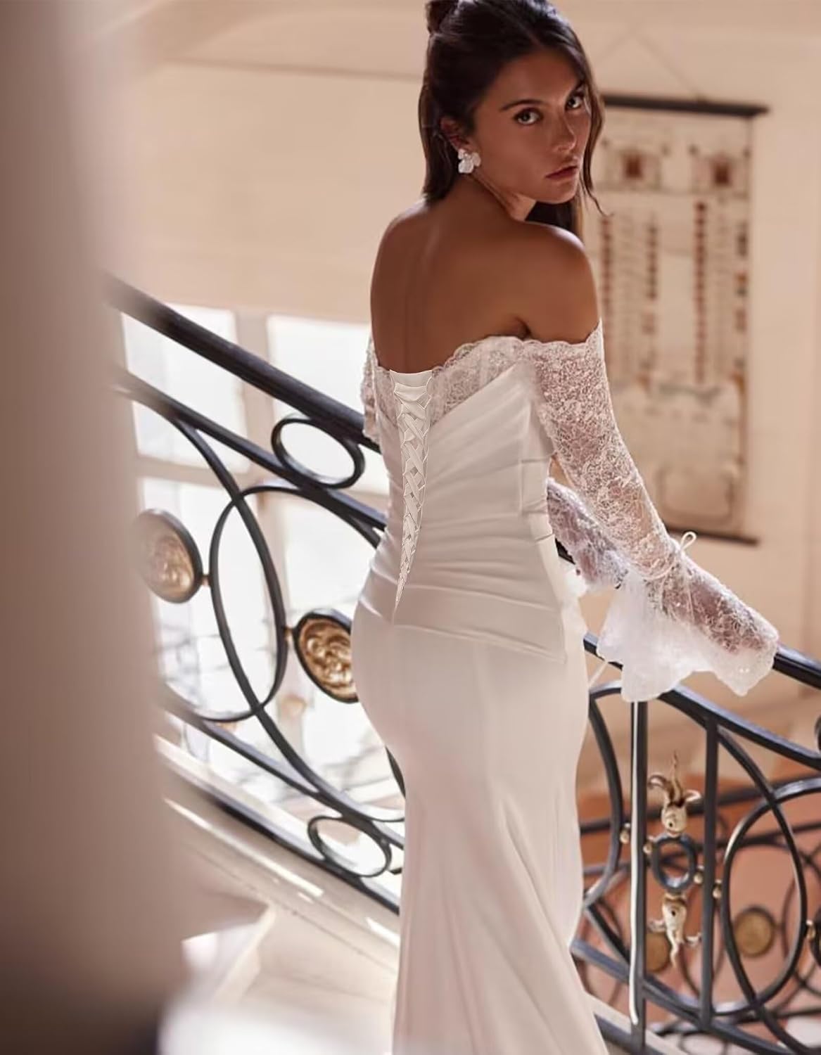 Off Shoulder Lace Applique Wedding Dress for Bride Strapless A-Line Satin Pleated Tulle Bridal Ball Gown with Corset