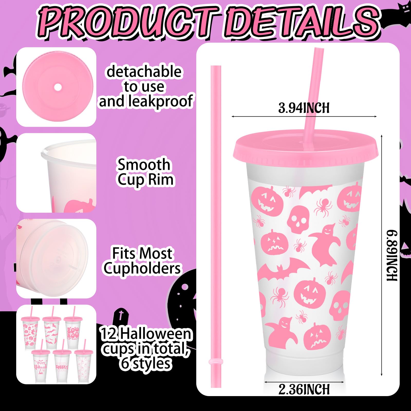 SiliFine 12 Set Plastic Cups with Lids and Straws, Reusable Cups Bulk with Lids Plastic Tumblers for Party Supplies Cold Drink, 24 oz (Pink)