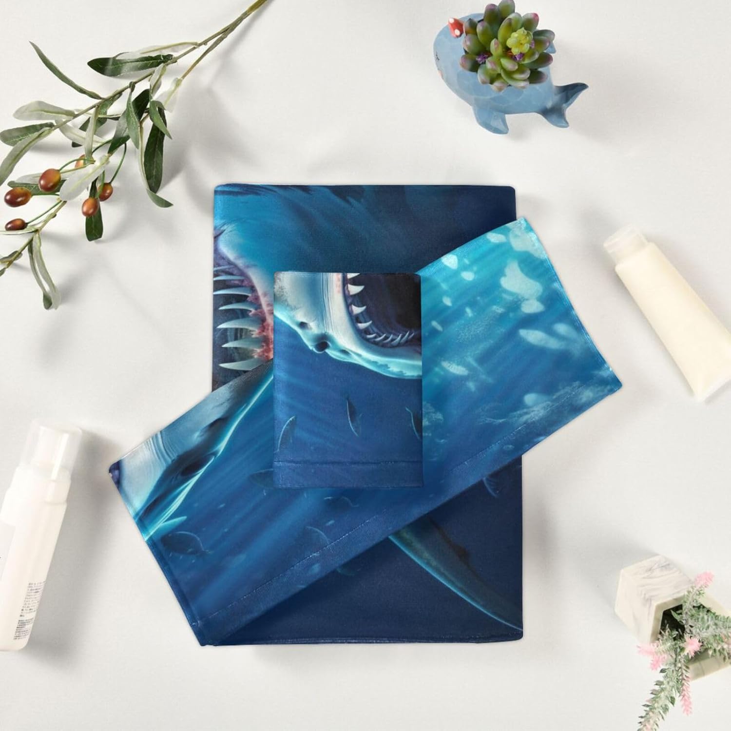 Bath Towels Set of 3 Giant Shark Bathroom Towel for Face Hand Absorbent Washcloth for Gym Bathing Home Shower