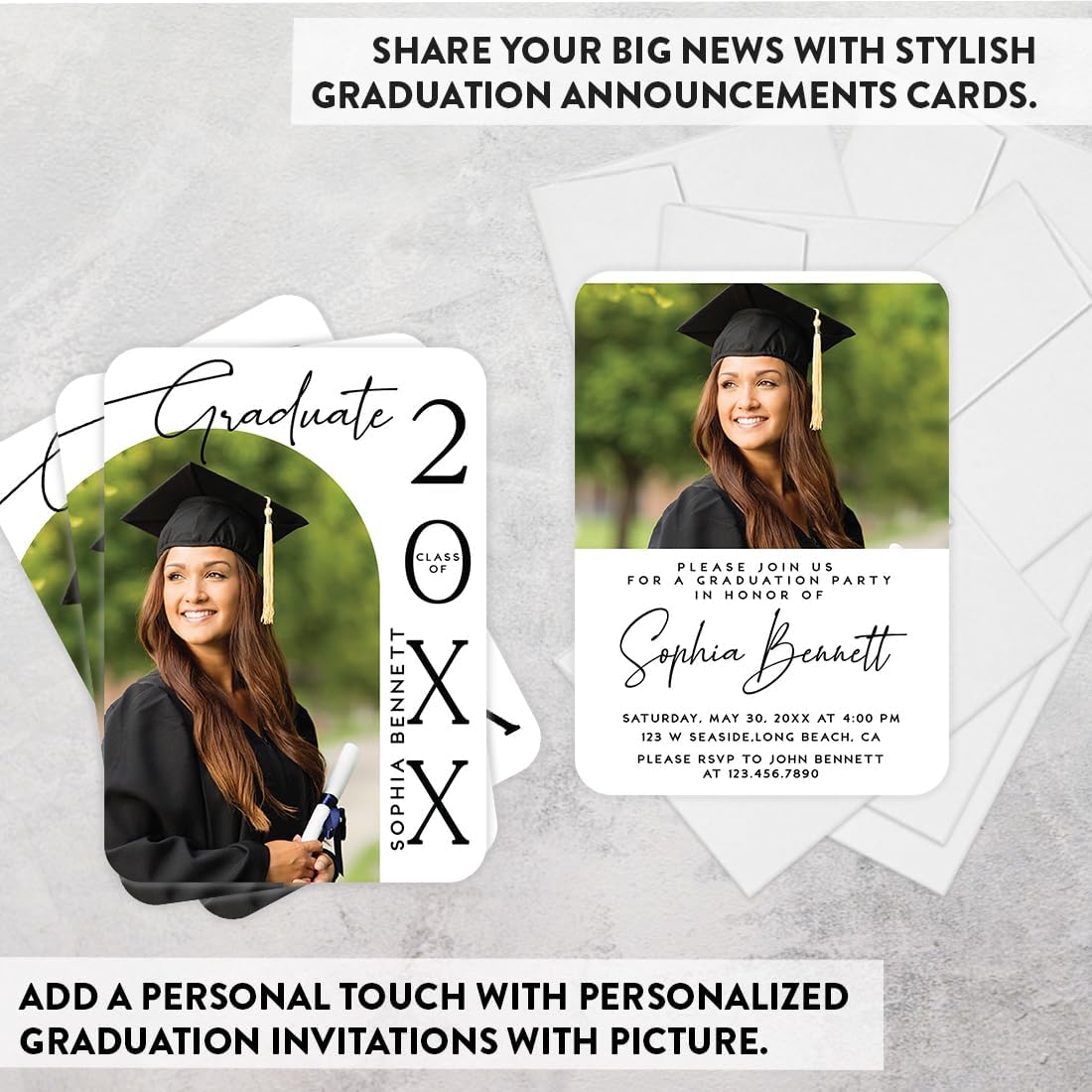 Andaz Press Personalized Graduation Invitations 2026 With Self Seal Envelopes, Graduation Announcements 2026, Modern Half Arch Party Invitations with Photo for High School College, 24 Pack, 7x5 Inches