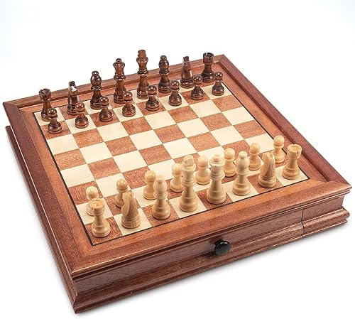Miniatura 2 de AMEROUS Juego de ajedrez magnético de madera de 12.5 x 12.5 pulgadas, juego de mesa de ajedrez con 2 cajones de almacenamiento integrados, 2 reinas