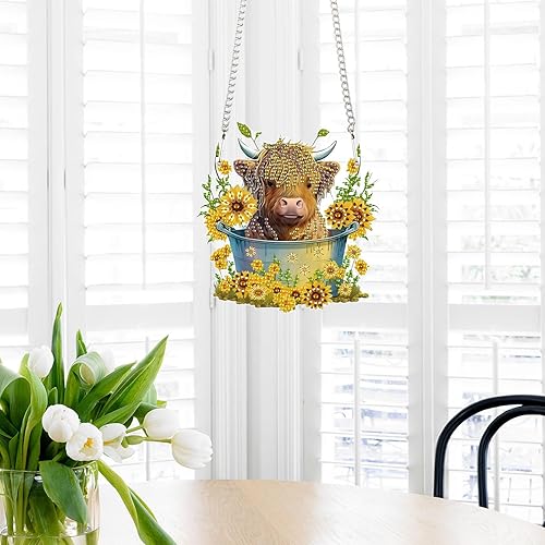 Miniatura 8 de Adorno de pintura de diamante 5D DIY diamante arte animal vaca y girasol diseño creativo hecho a mano acrílico colgante mosaico kits por números