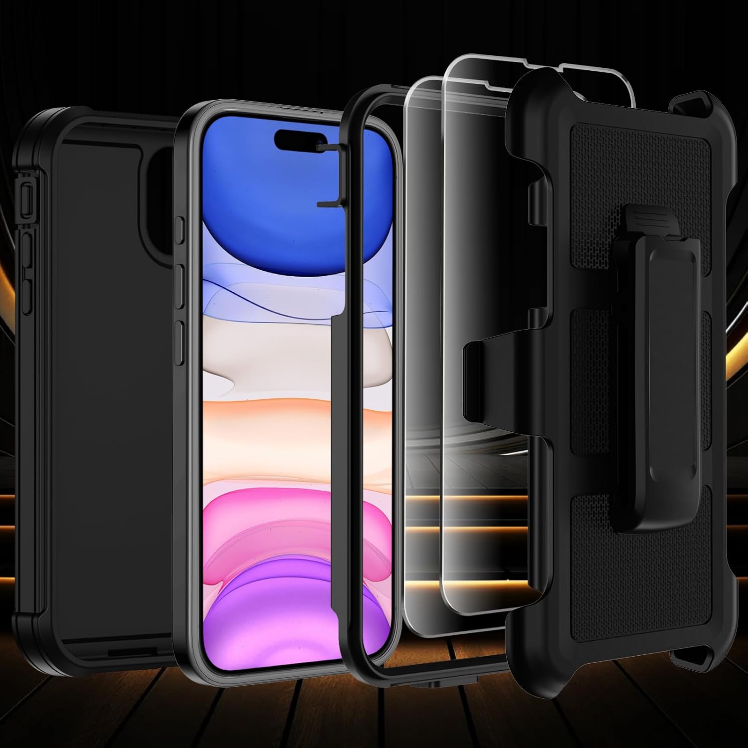 for iPhone 11 Case with Belt Clip Holster,Anti-Drop Shockproof Bumper Phone Cases w/2x Screen Protectors & Kickstand,Rugged Heavy Duty Military Grade Protective Defender Cover for Apple 11 (Black)
