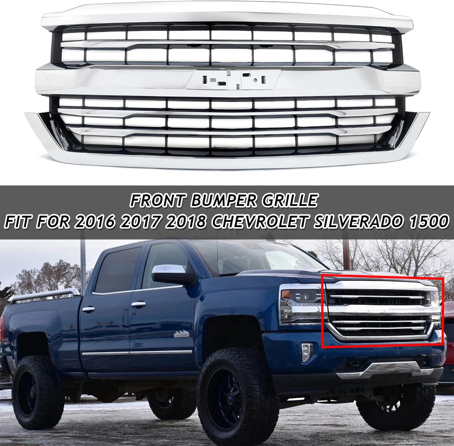 Front Bumper Upper Grille Grill Fit For 2016 2017 2018 Chevrolet Silverado 1500 Replacement for 84134045,84602489 (Black base + Chrome Frame)