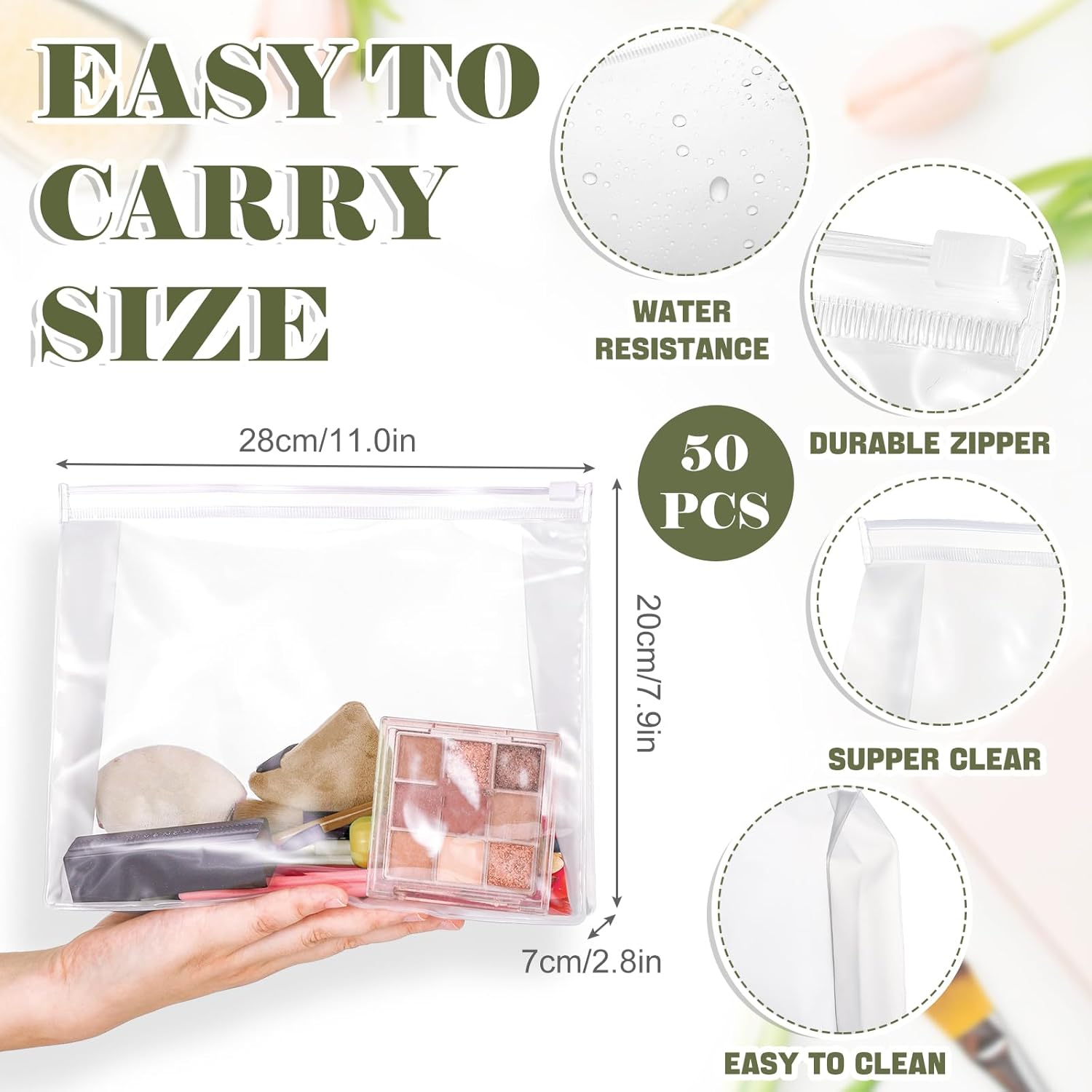 Xuniea 50 Pcs Mini Clear Makeup Bag Small Clear Zipper Pouch Travel Plastic Cosmetic Organizer Waterproof for Toiletries Swimsuit Bikini Bathing Suit(11'',Transparent)