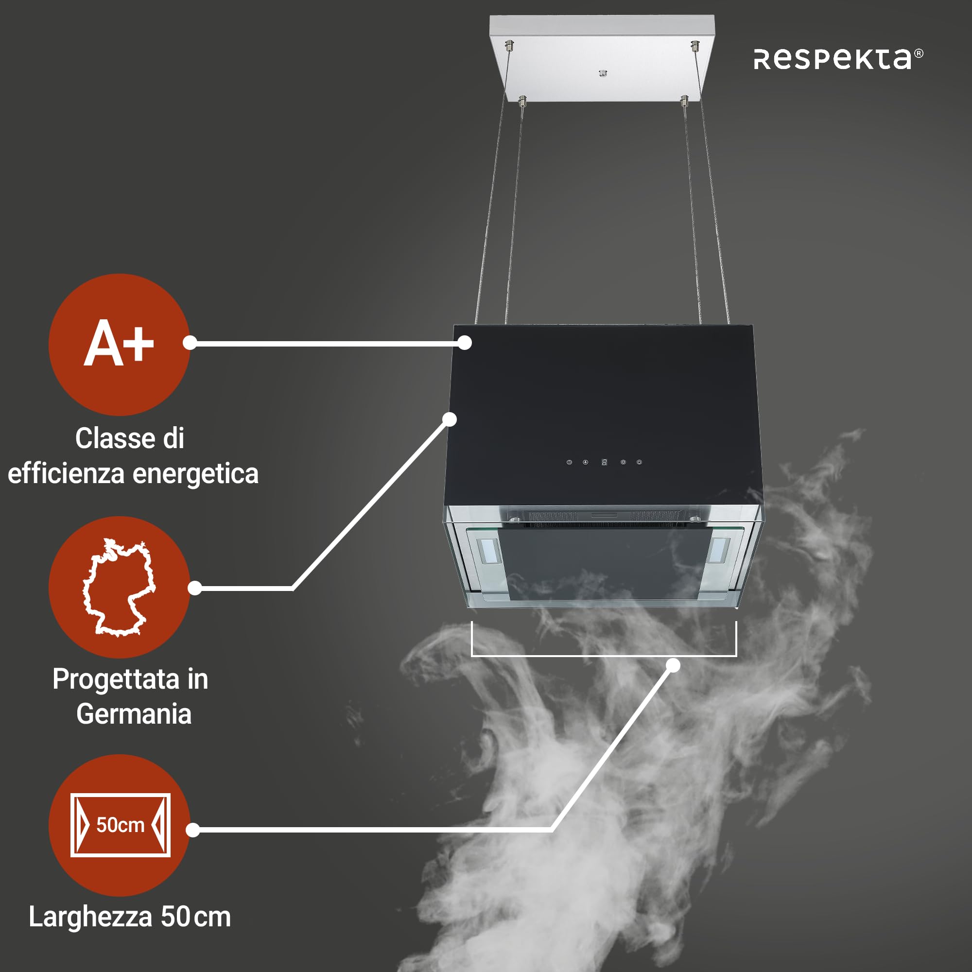 Respekta Centa Design Campana extractora de isla 50 cm/con mando a distancia/color negro/clase de eficiencia energética A+ / máx. 67 dB/flujo de aire 531,8 m³/h / CH11051IS