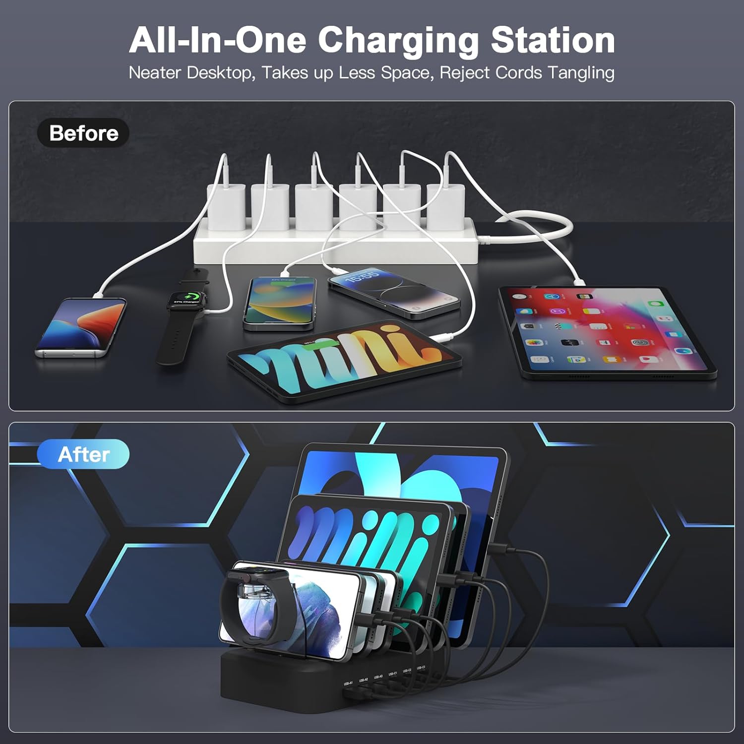 MSTJRY 90W 6-Port USB C Fast Charging Station for Multiple Devices, Multi PD Charger Station for iPhone iPad Tablet Phone, Charging Dock Organizer with Adjustable Dividers for Home Office Classroom