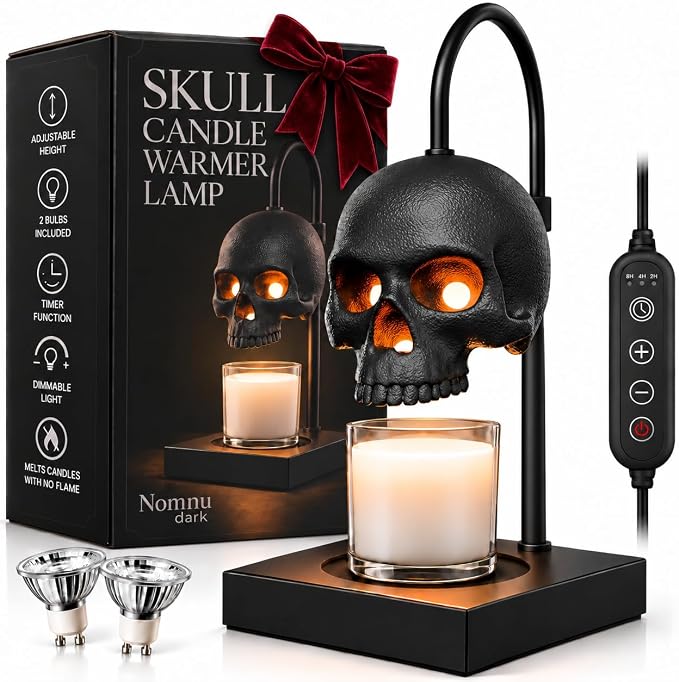 Nomnu Skull Candle Warmer Lamp, Black Spooky Gothic Decor w/Timer & Dimmer
