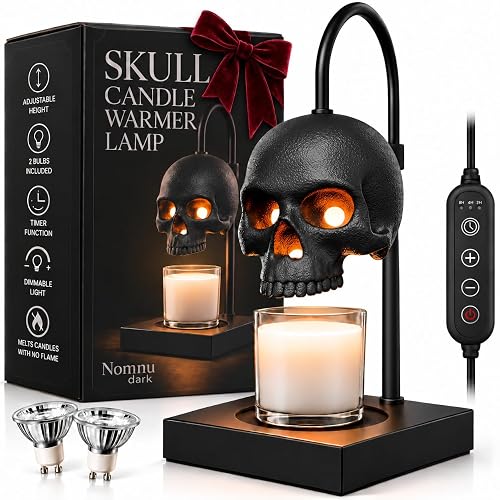 Nomnu Skull Candle Warmer Lamp, Black Spooky Gothic Decor w/Timer & Dimmer | Matte Black Goth Halloween Table Lamp, Heavy Metal Base 5.5x5.5 inch, Auto-Shutoff, 2 Light Bulbs Included, Adjustable Height - Black